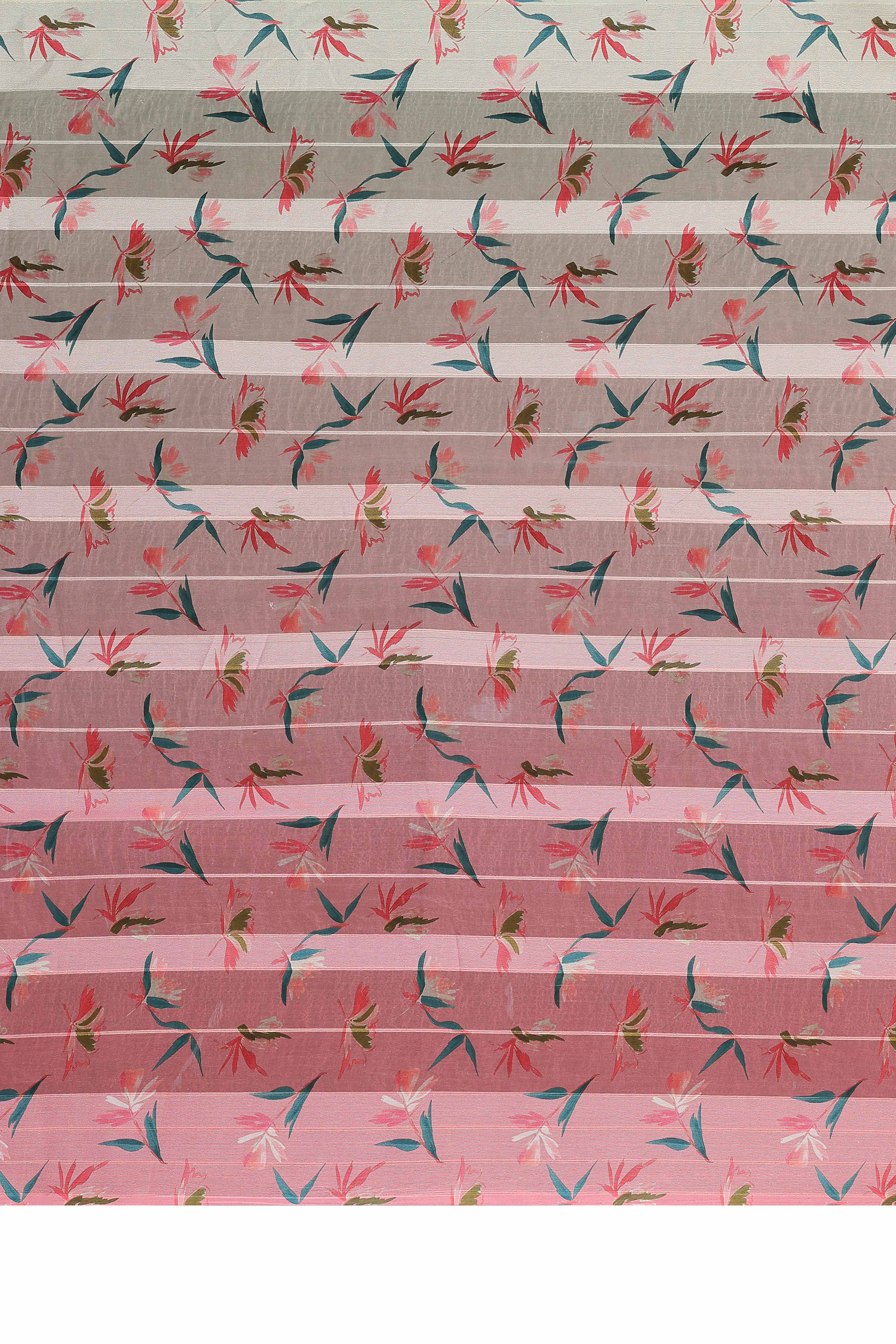 Luxury Pink & Beige Floral Digital Print Georgette Saree With Zari Highlights & Vibrant Striped