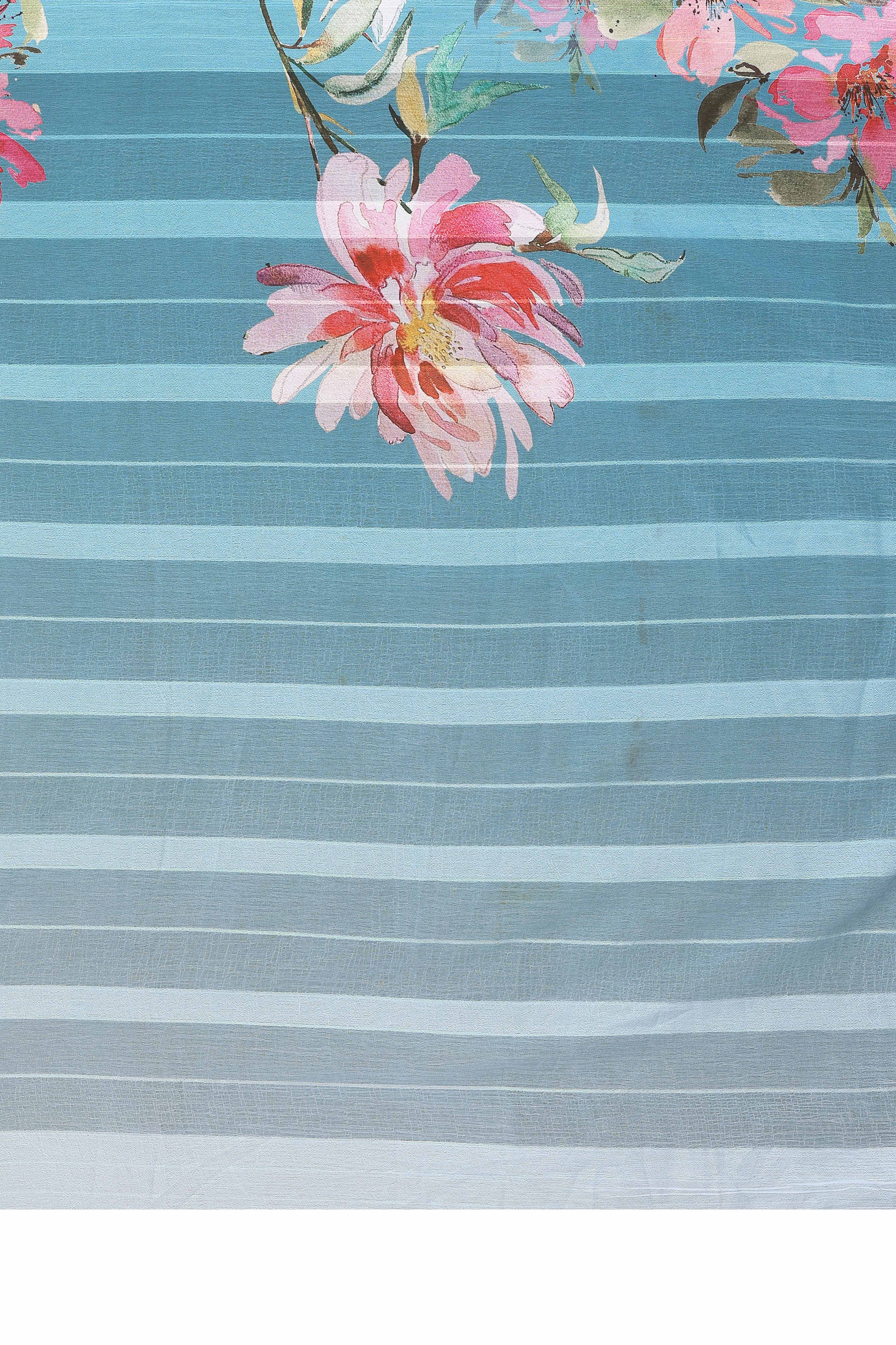 Luxury Blue Floral Digital Print Georgette Saree With Subtle Zari Highlights & Vibrant Striped