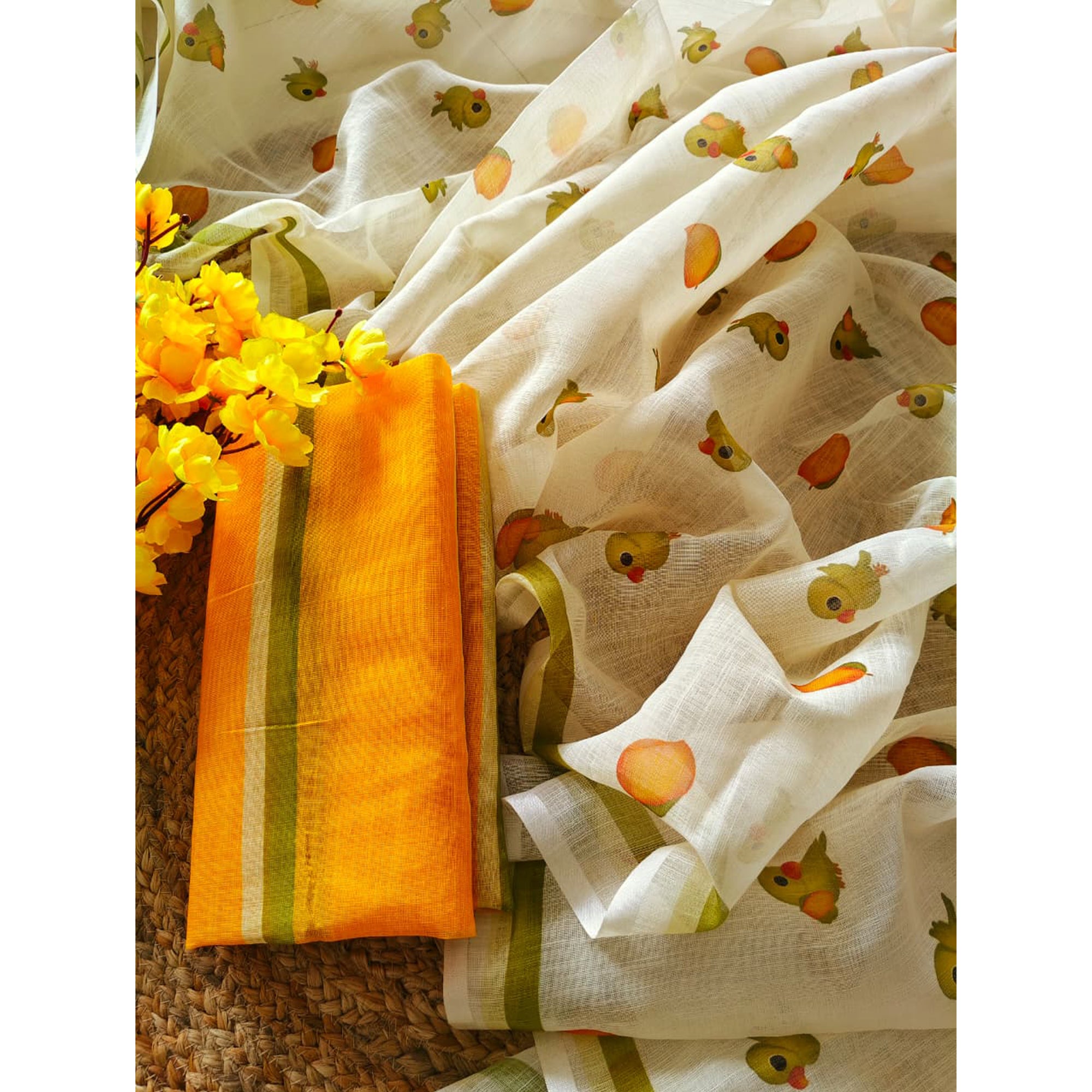 Minimalist Off White Linen Cotton Saree with Elegant Printed Patterns