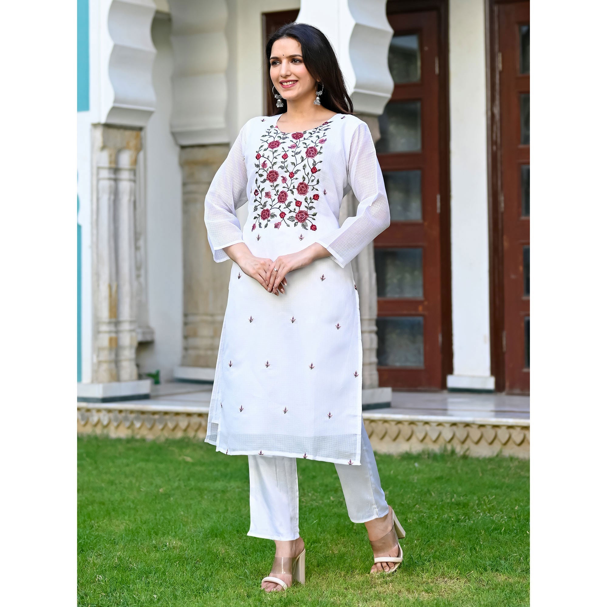 White Floral Sequins Embroidered Kota Doria Salwar Suit