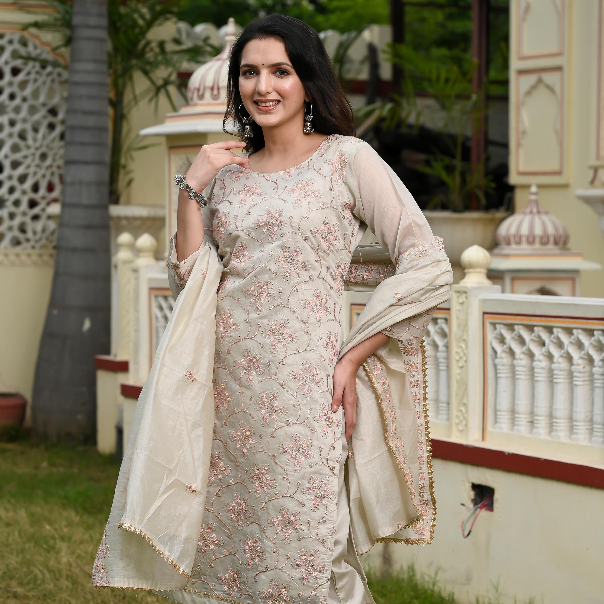 Grey Floral Embroidered Chanderi Salwar Suit