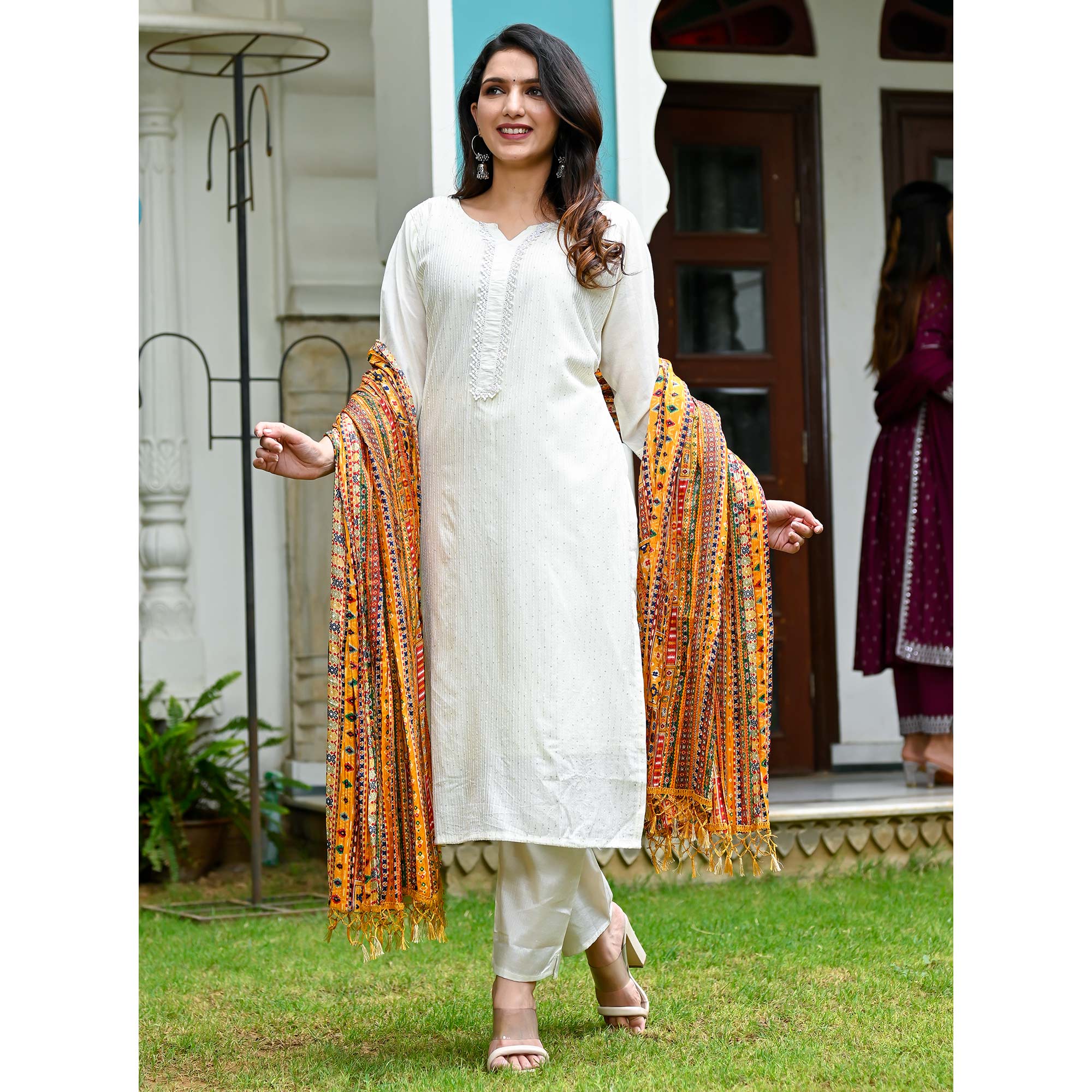 Off white Sequins Embroidered Chanderi Dress Material
