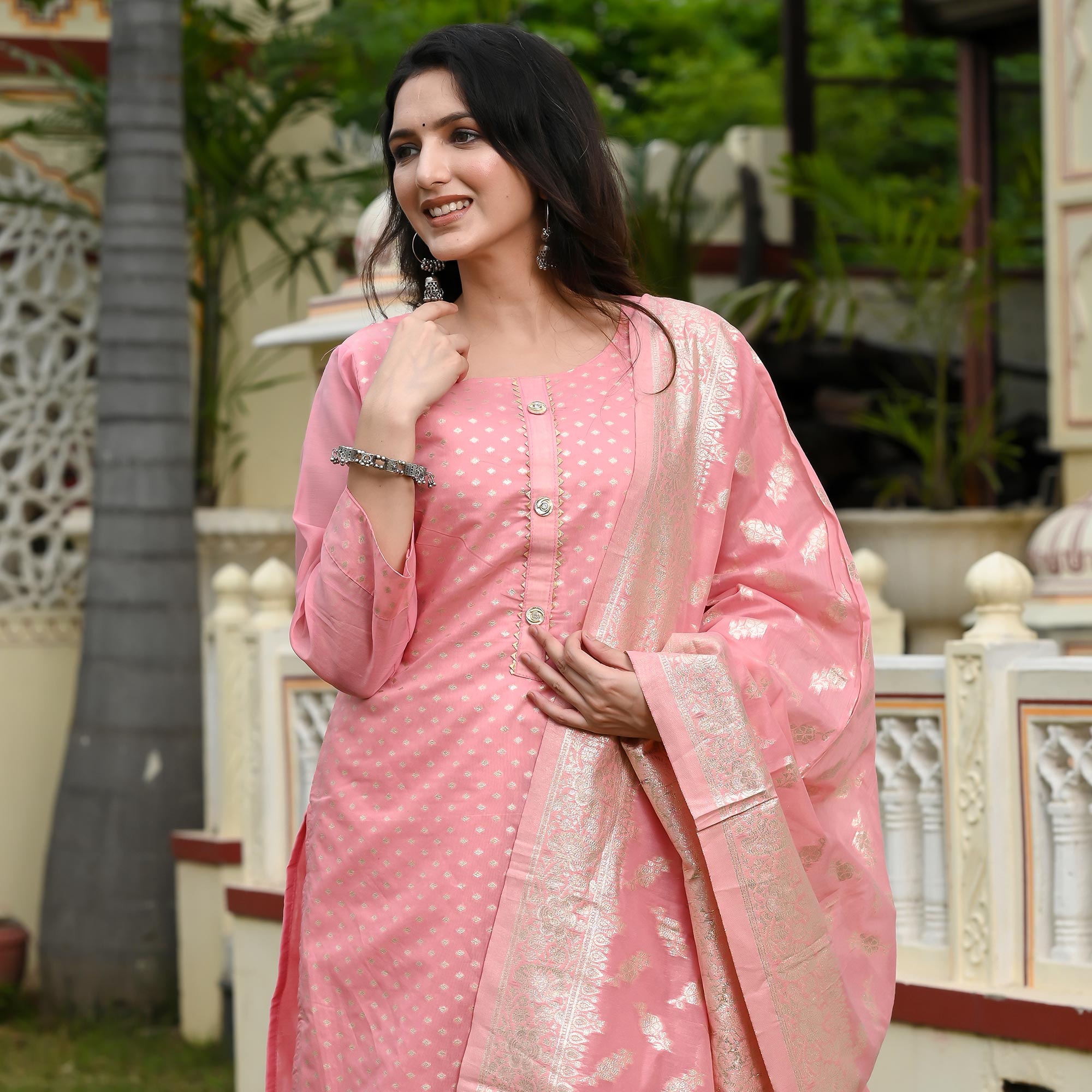 Pink Woven Banarasi Silk Salwar Suit