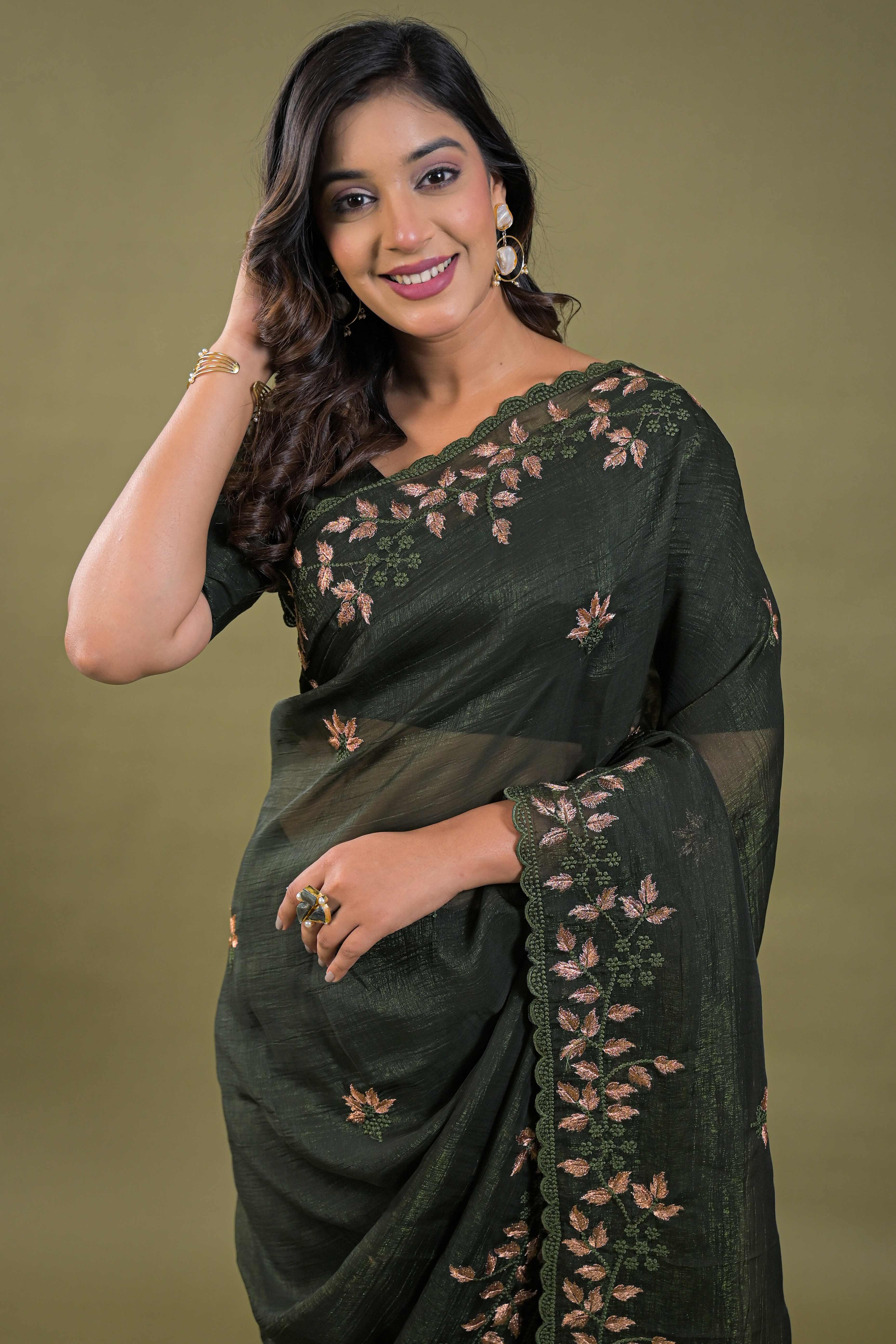 Mehendi Green Sheer Organza Saree Adorned with Floral Embroidery