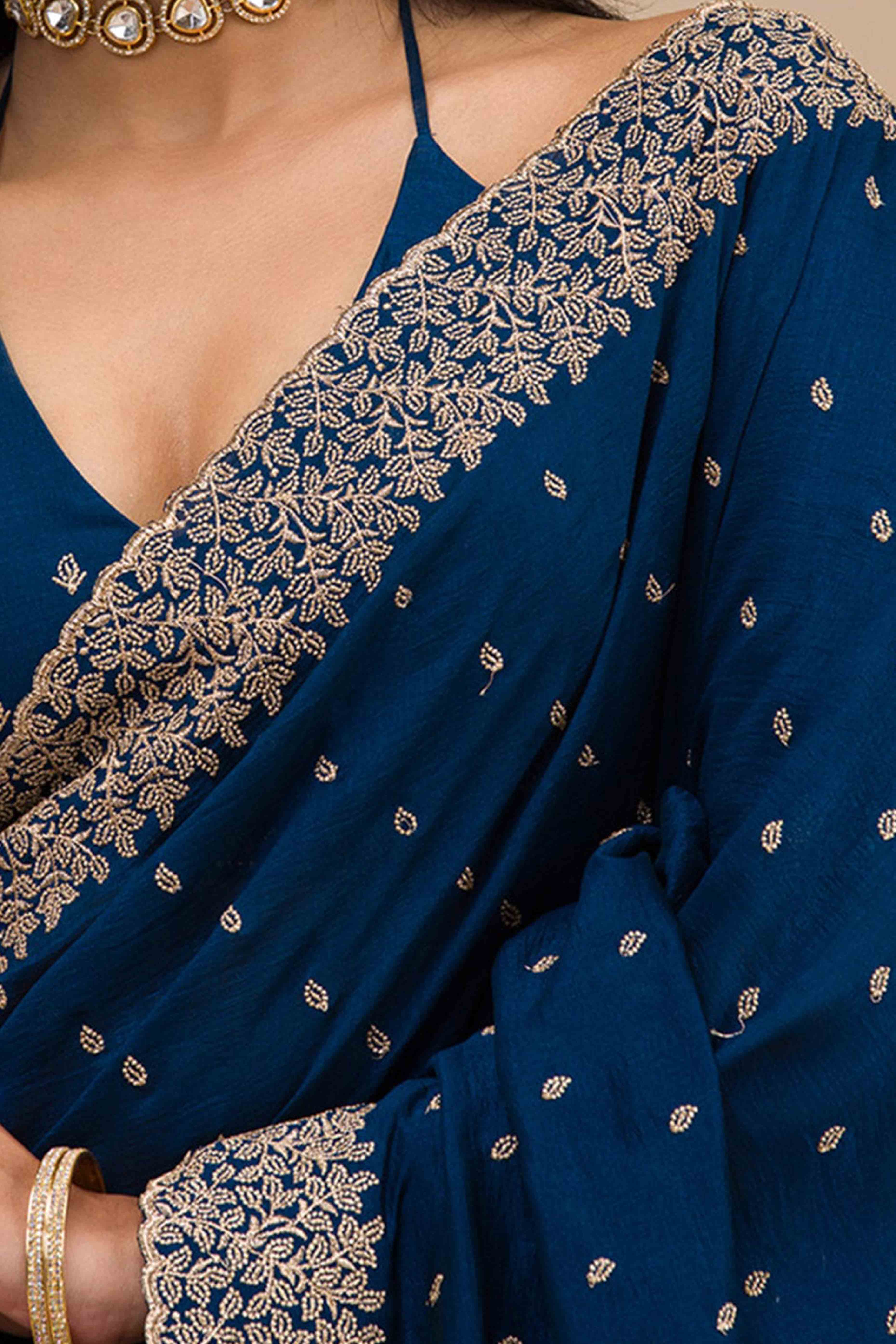 Sophisticated Blue Saree in Vichitra Silk with All-Over Floral Embroidered
