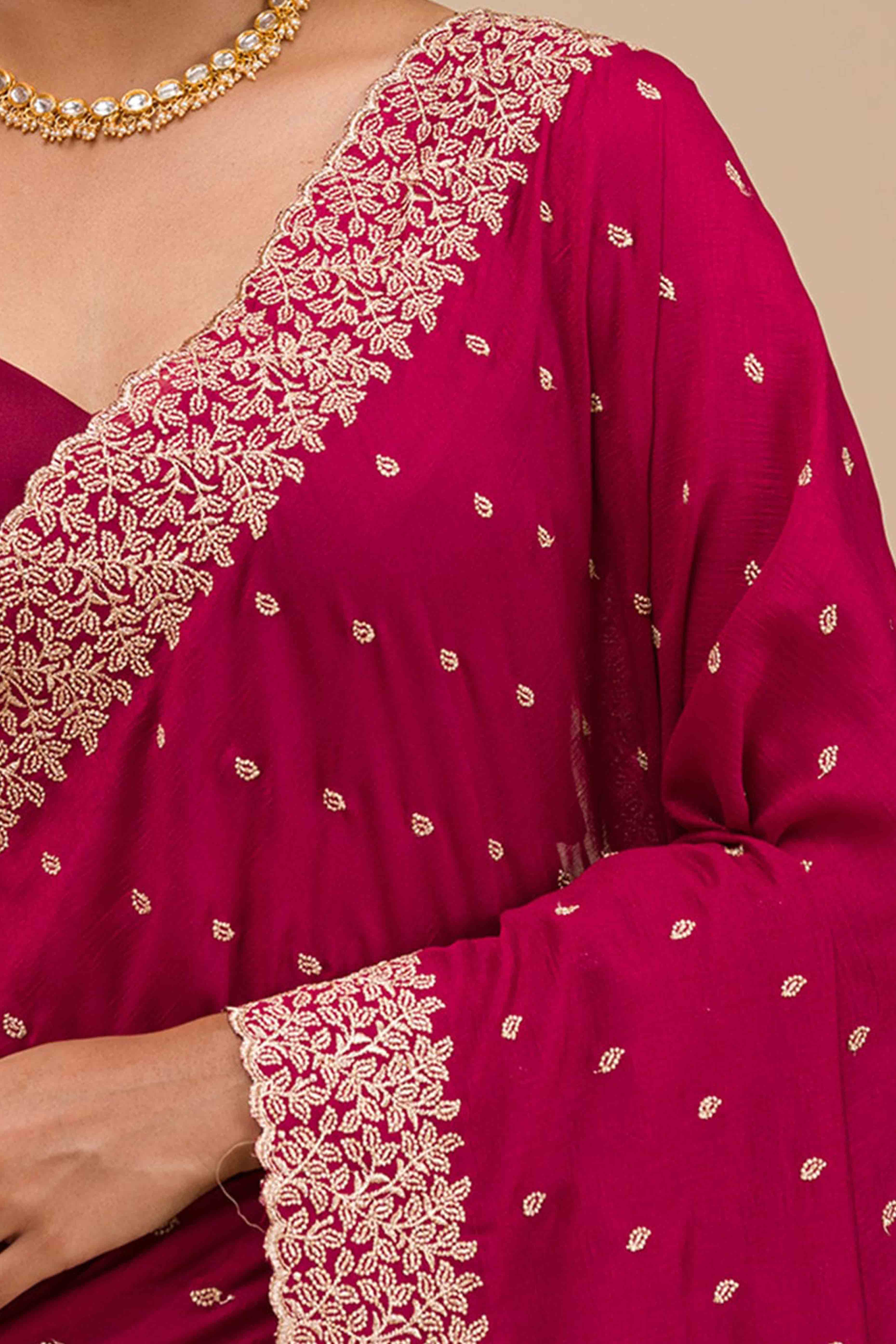 Sophisticated Pink Saree in Vichitra Silk with All-Over Floral Embroidered