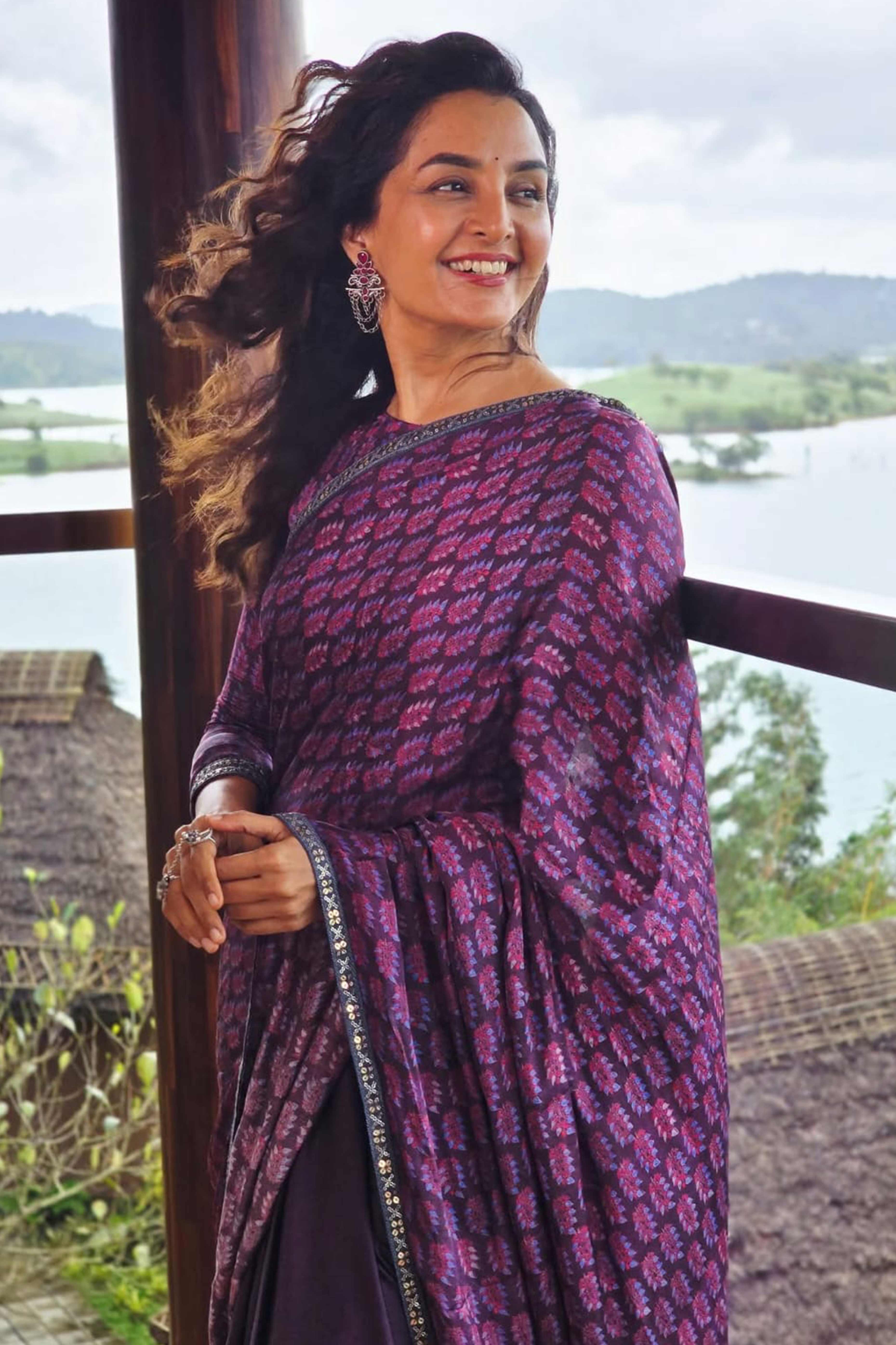 Floral Printed Purple Crepe Silk Saree with Delicate Sequins Border