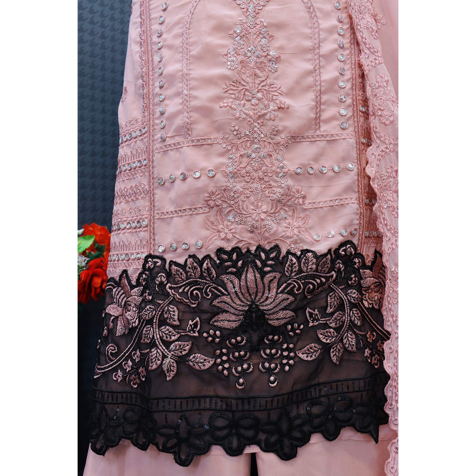 Pink Floral Embroidered Georgette Semi Stitched Pakistani Suit