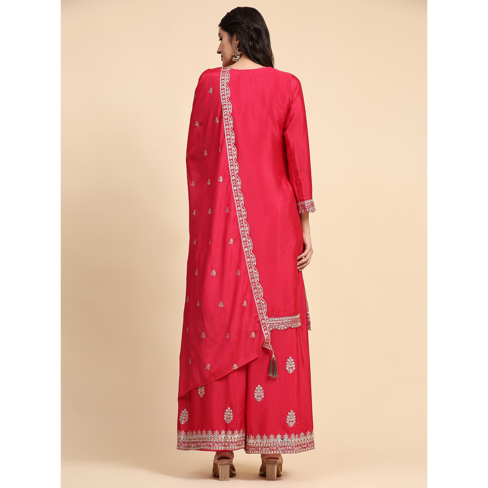 Pink Embroidered Chinon Semi Stitched Suit