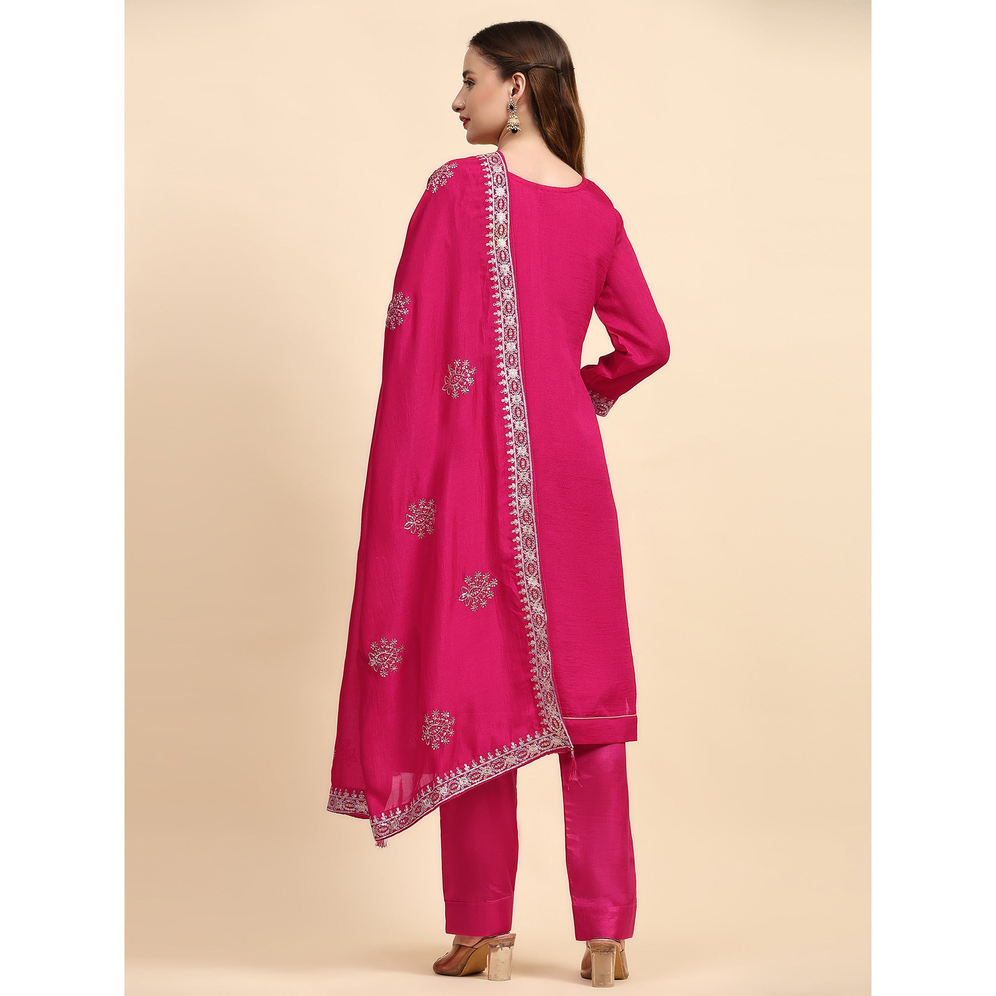 Pink Embroidered Dola Silk Straight Semi Stitched Suit