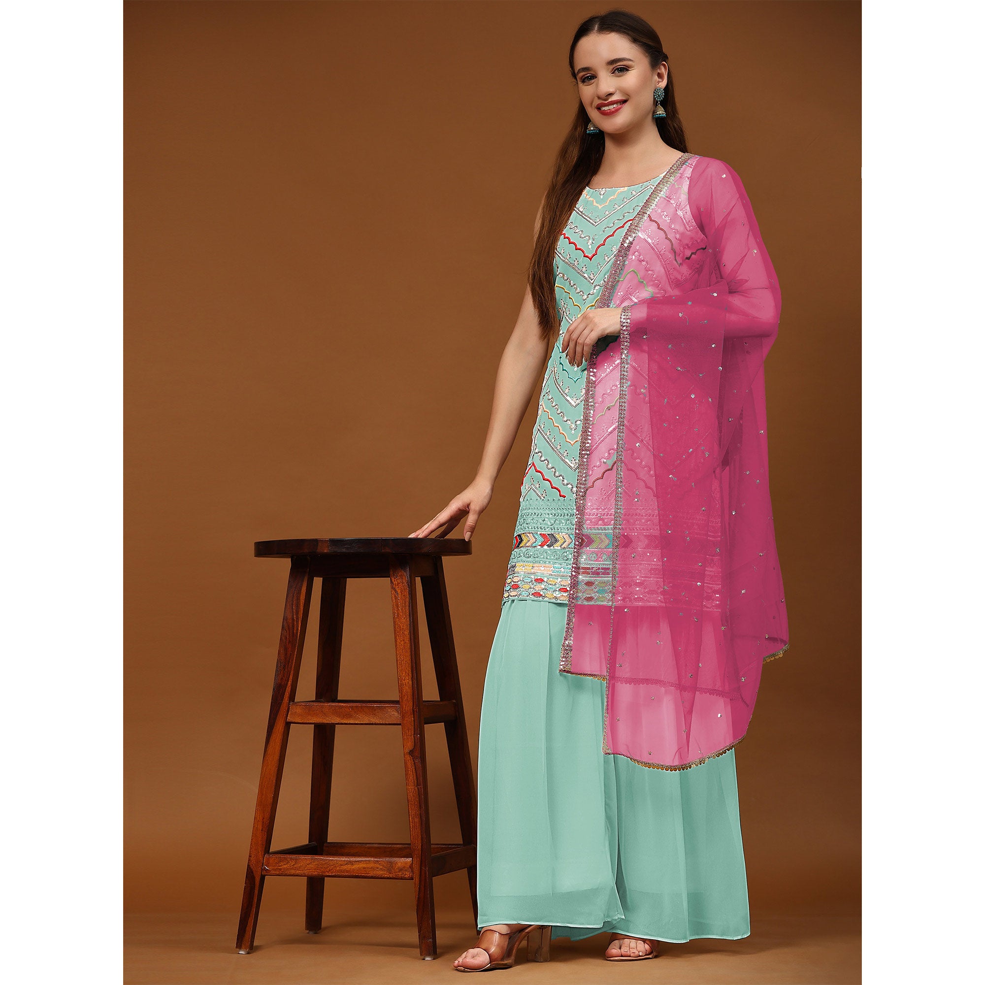 Blue Sequins Embroidered Georgette Semi Stitched Suit