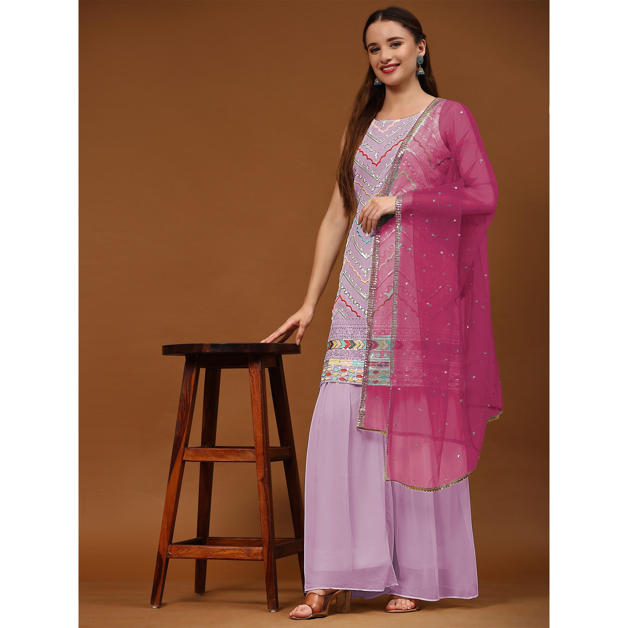 Purple Sequins Embroidered Georgette Semi Stitched Suit