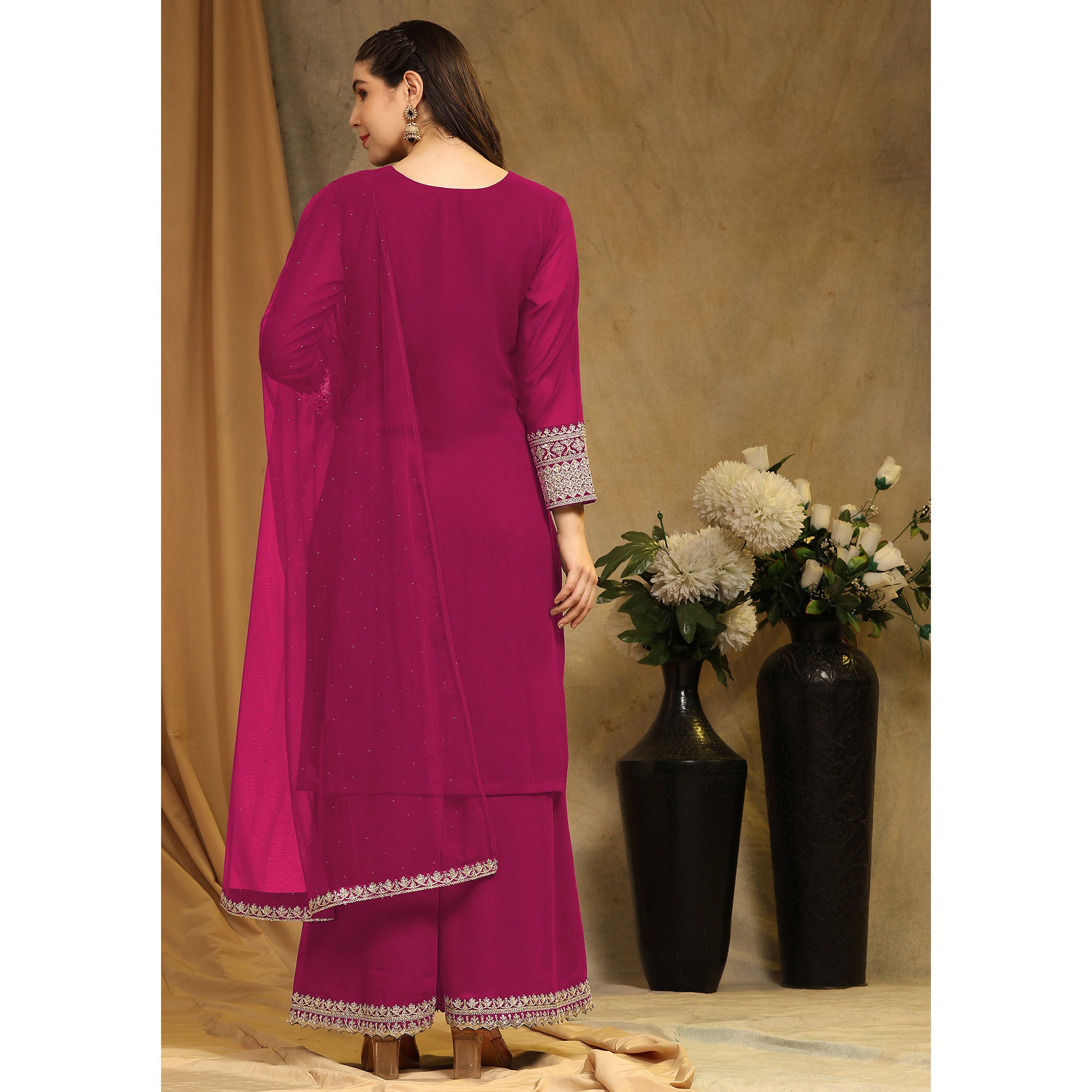Pink Floral Embroidered Georgette Semi Stitched Suit