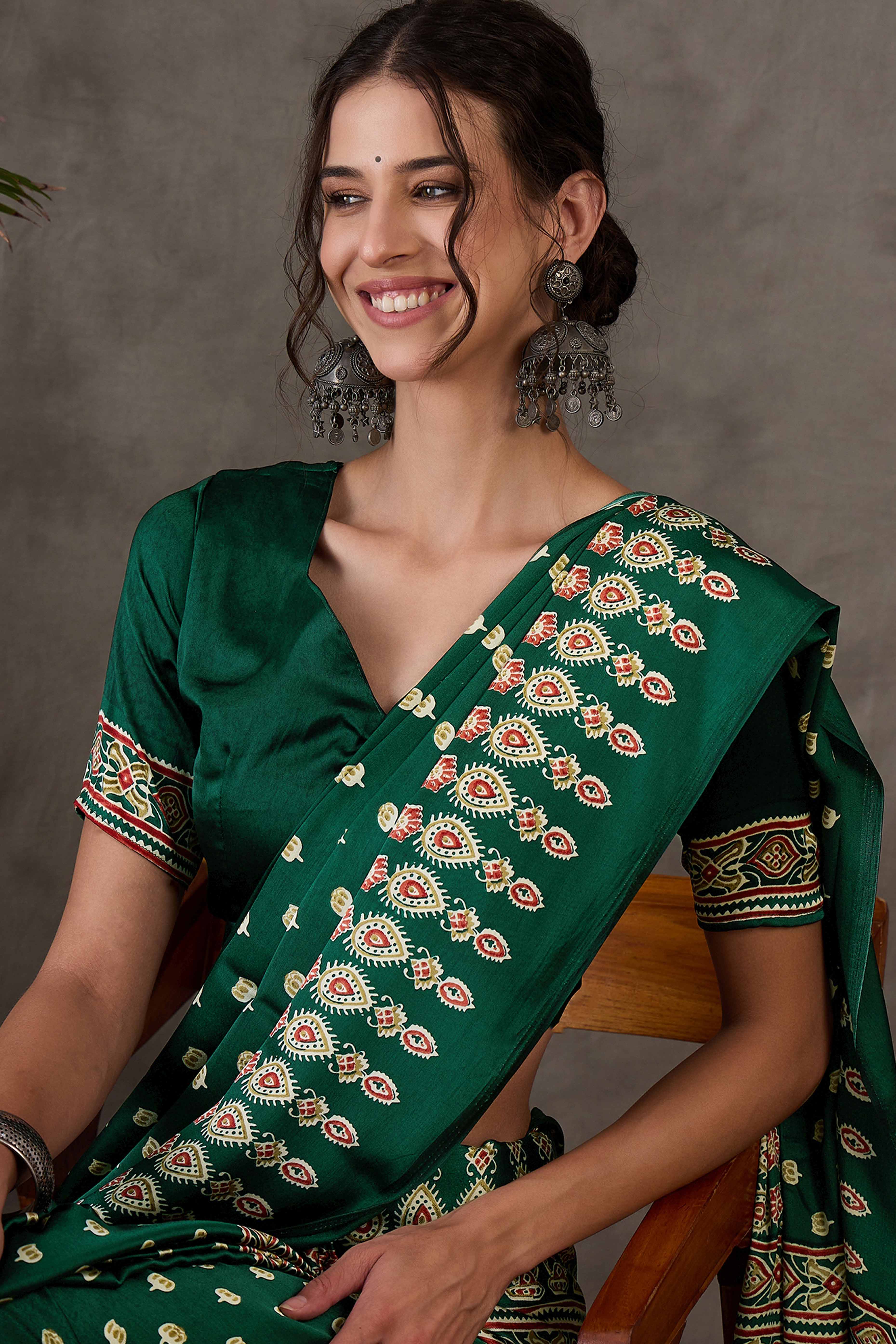 Green Ajrakh Inspired Printed Modal Satin Saree for Party Occasions