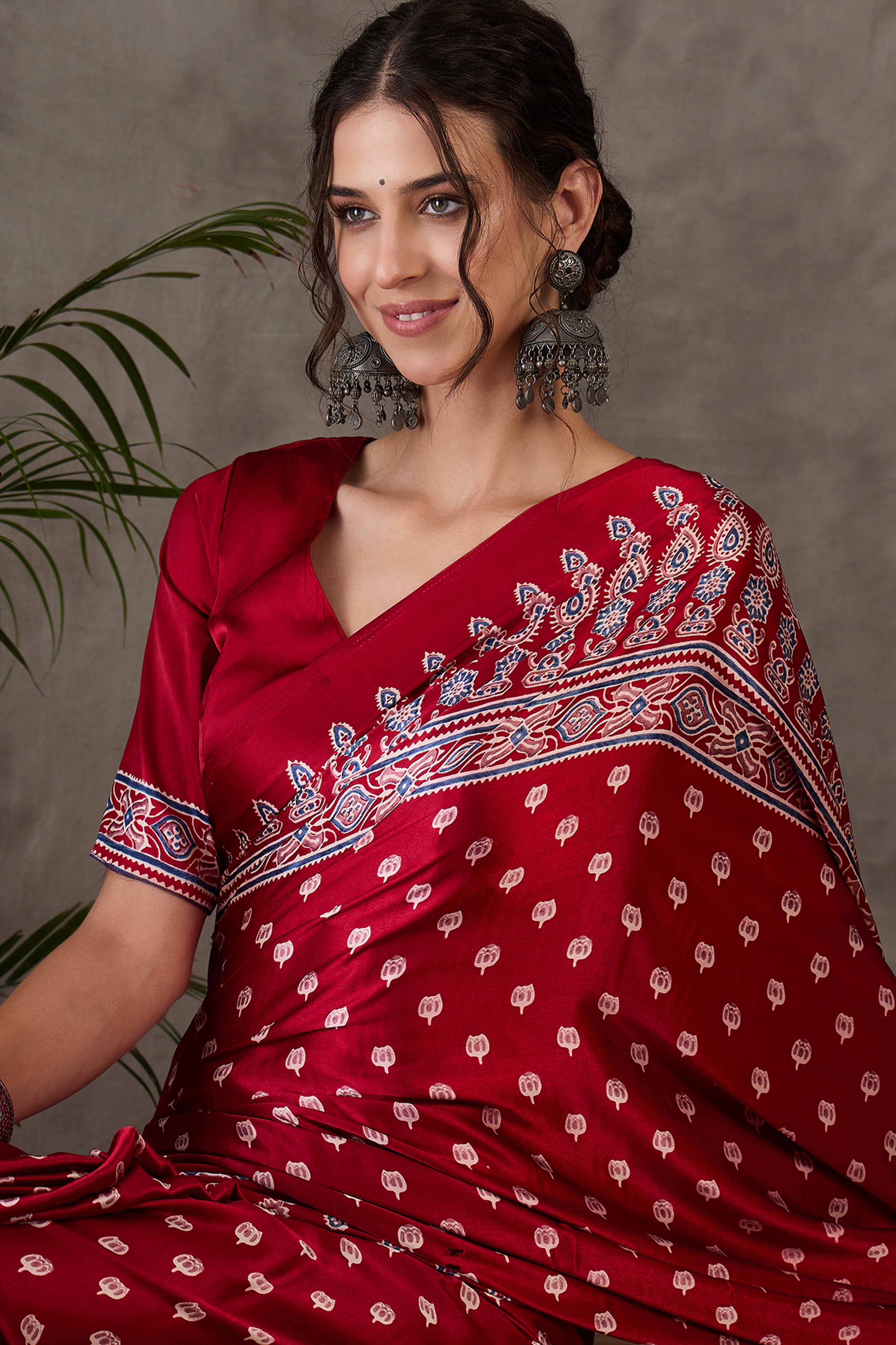 Red Ajrakh Inspired Printed Modal Satin Saree for Party Occasions