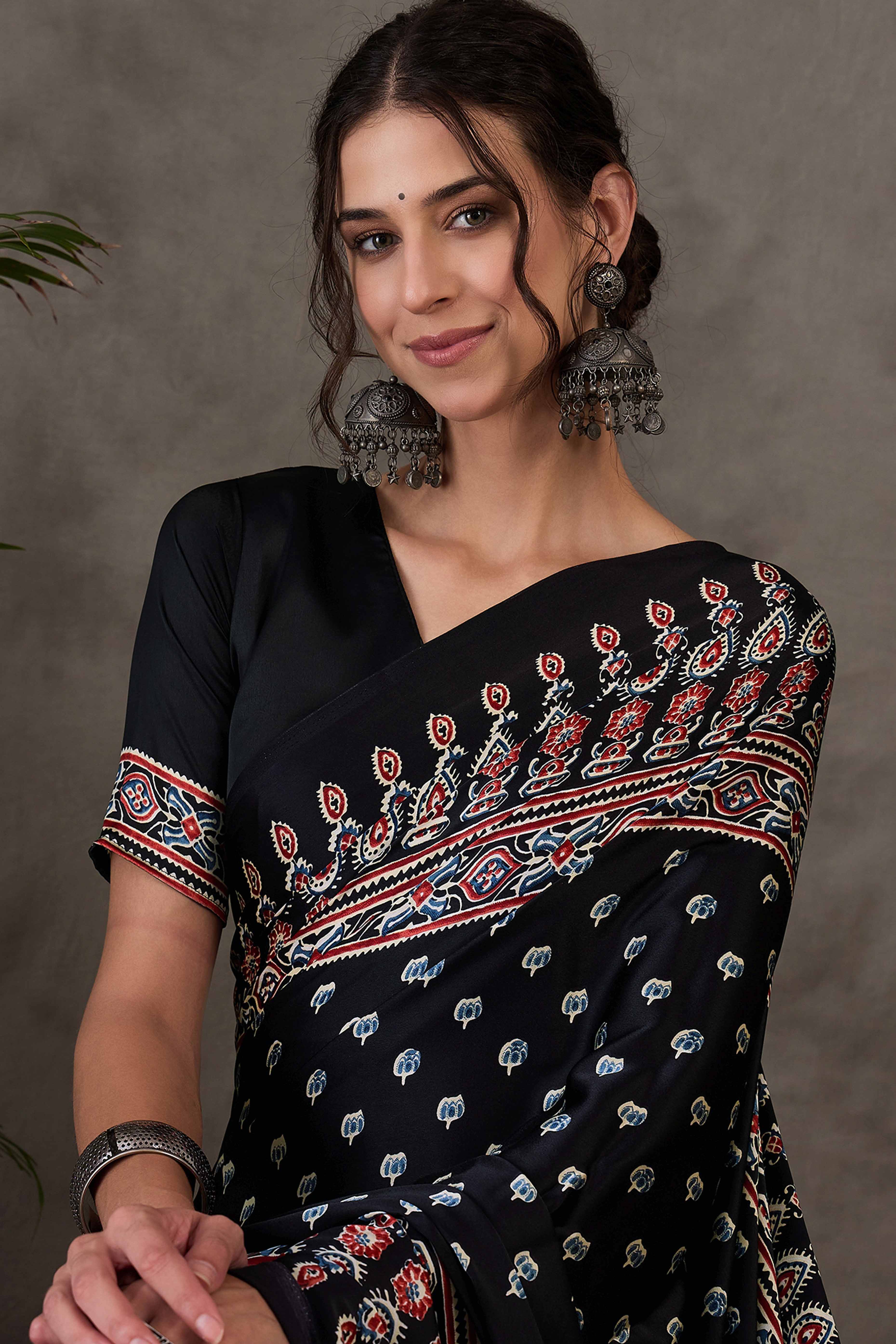 Black Ajrakh Inspired Printed Modal Satin Saree for Party Occasions