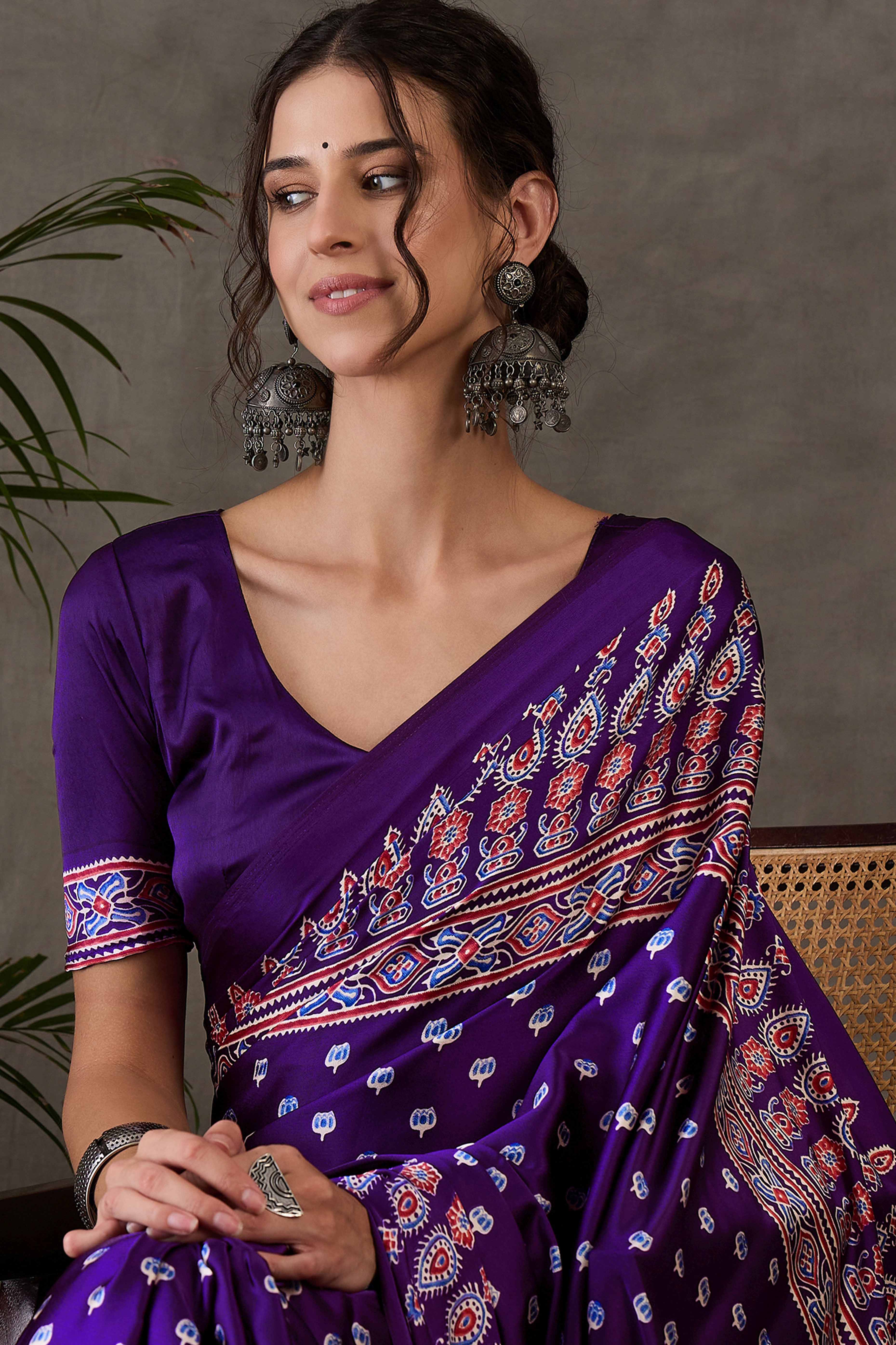 Purple Ajrakh Inspired Printed Modal Satin Saree for Party Occasions
