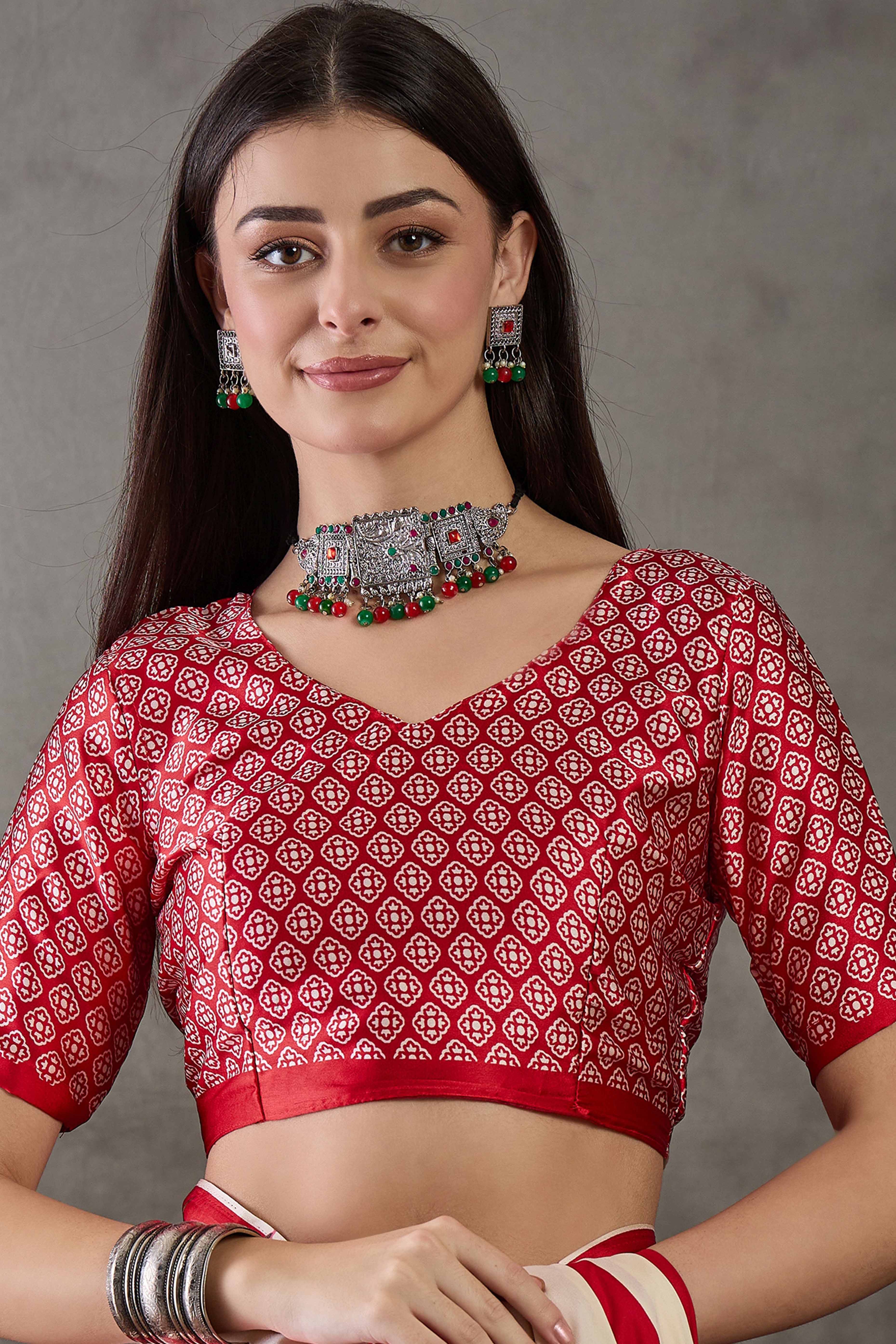 Red Floral Printed Modal Satin Party Wear Saree with a Smooth Satin Finish