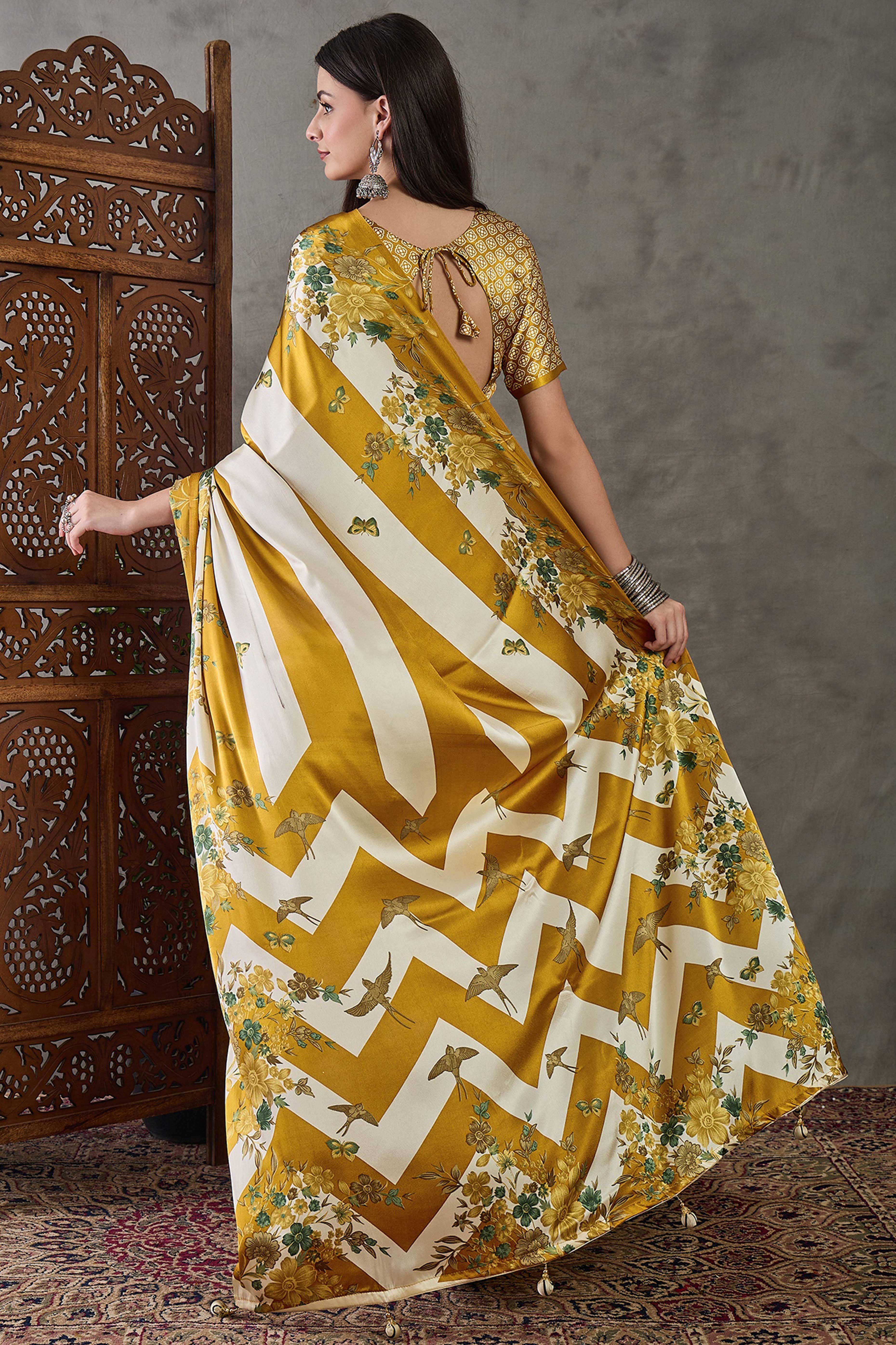 Olive Floral Printed Modal Satin Party Wear Saree with a Smooth Satin Finish