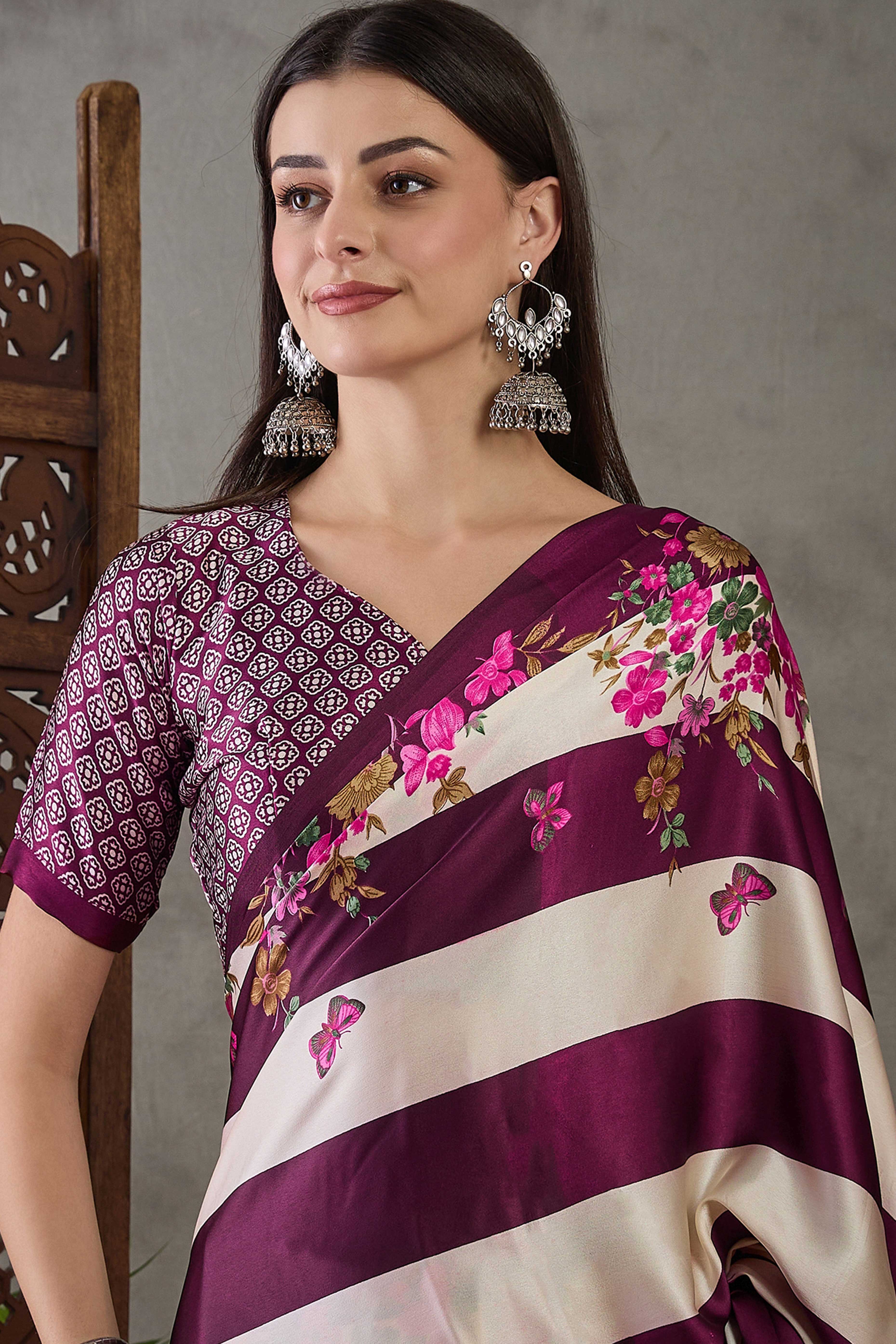 Wine Floral Printed Modal Satin Party Wear Saree with a Smooth Satin Finish