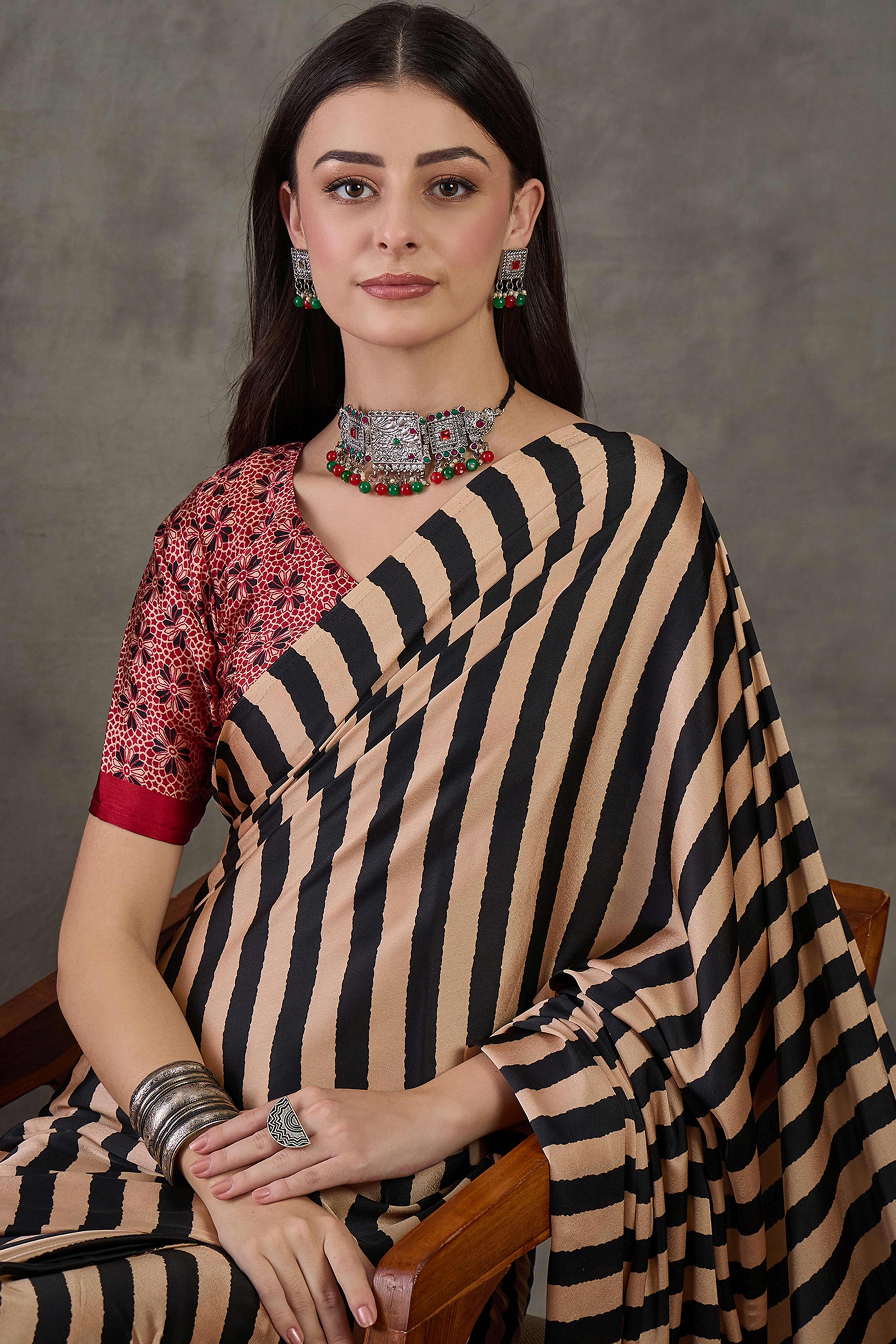 Black Modal Satin Saree with Subtle Stripe Design and Ajrakh Print on Pallu