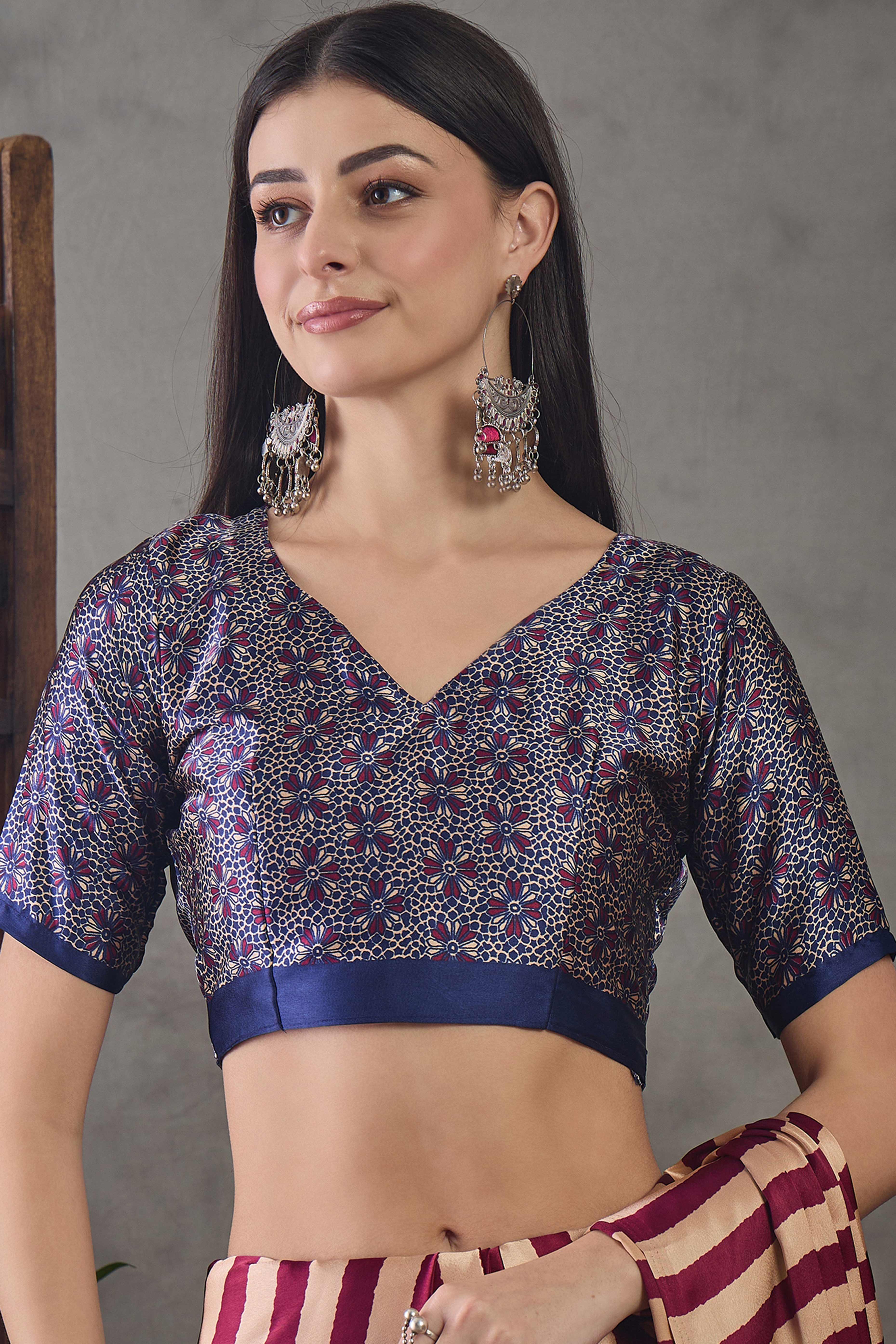 Wine Modal Satin Saree with Subtle Stripe Design and Ajrakh Print on Pallu