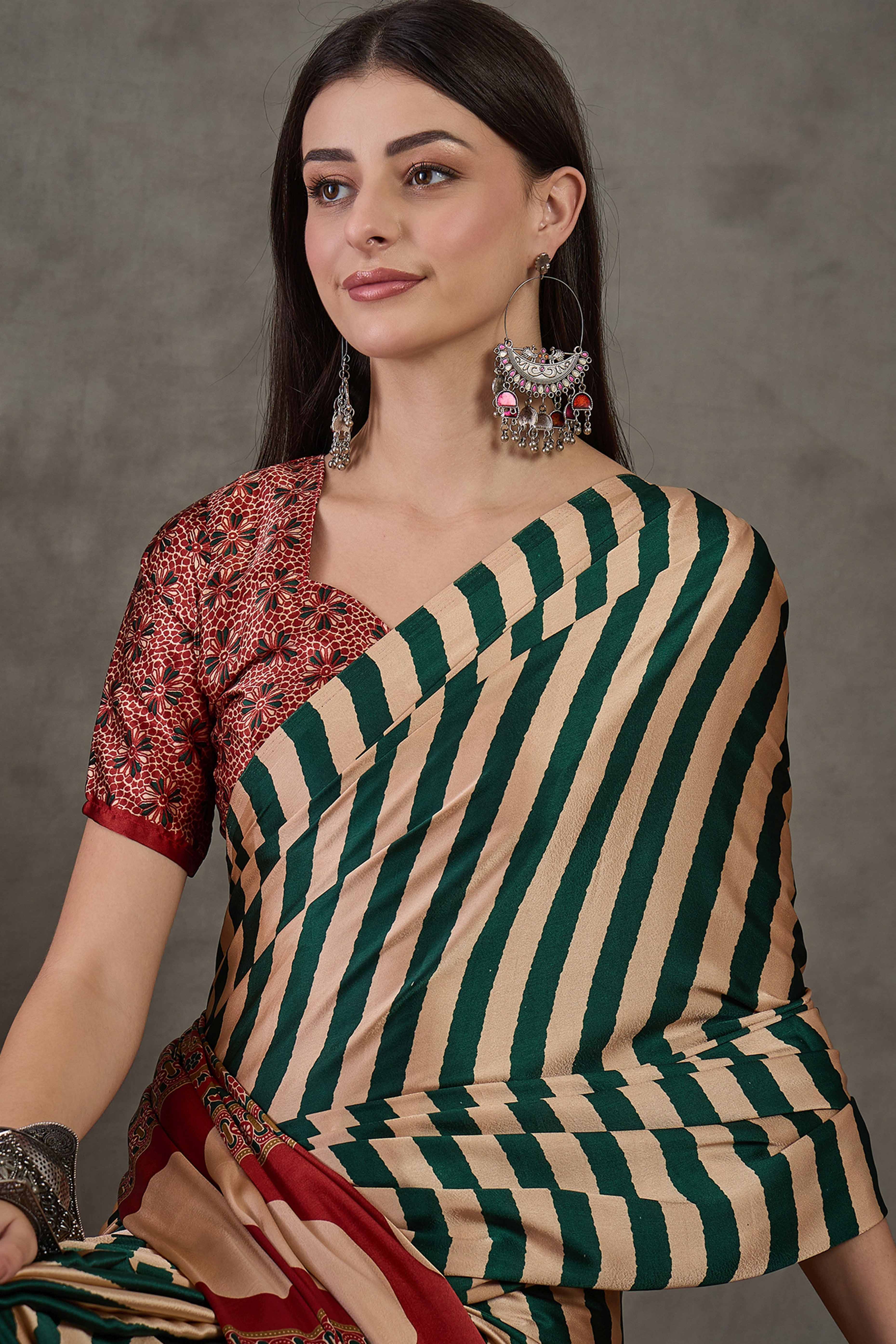 Green Modal Satin Saree with Subtle Stripe Design and Ajrakh Print on Pallu