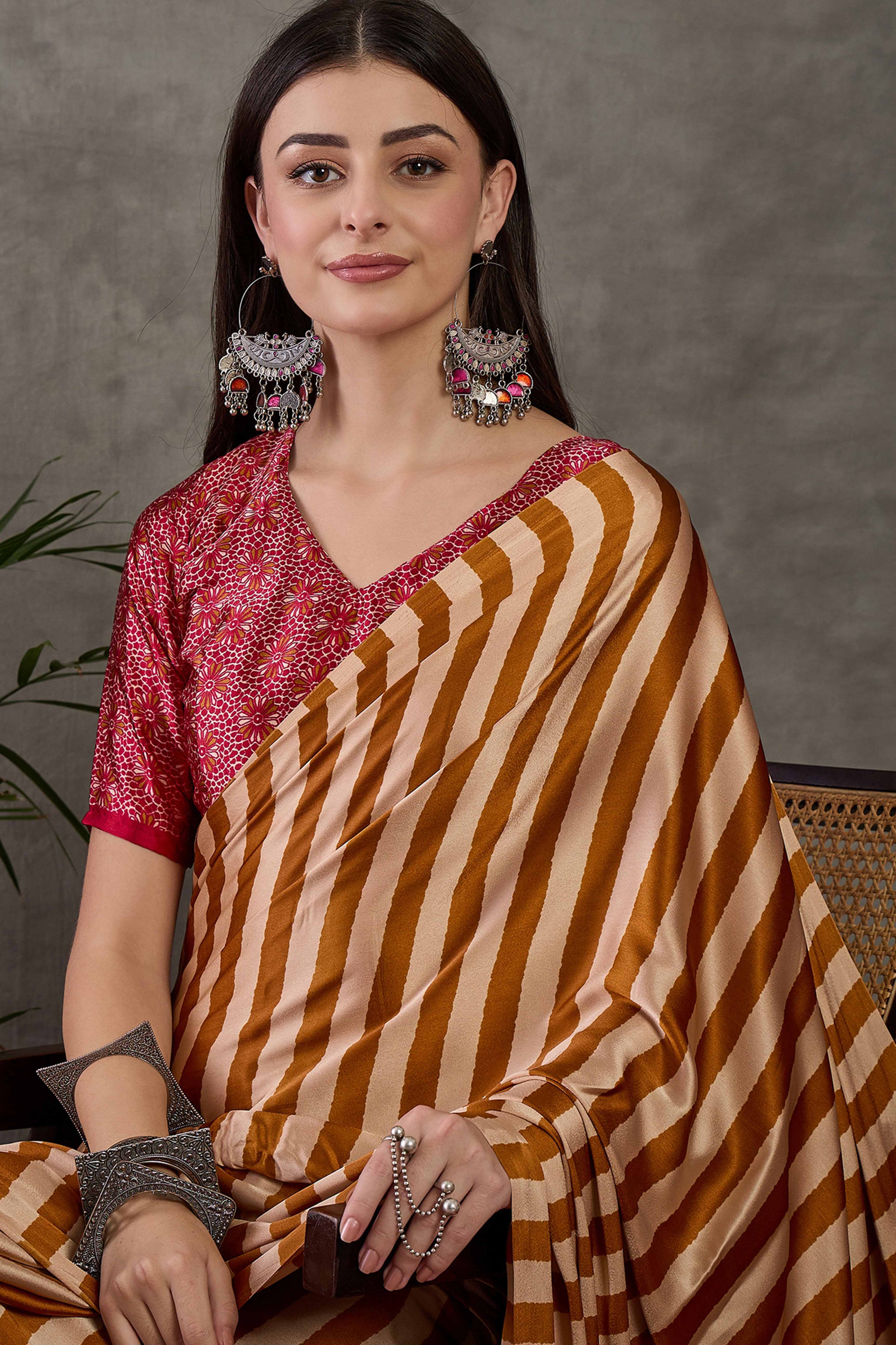 Yellow Modal Satin Saree with Subtle Stripe Design and Ajrakh Print on Pallu