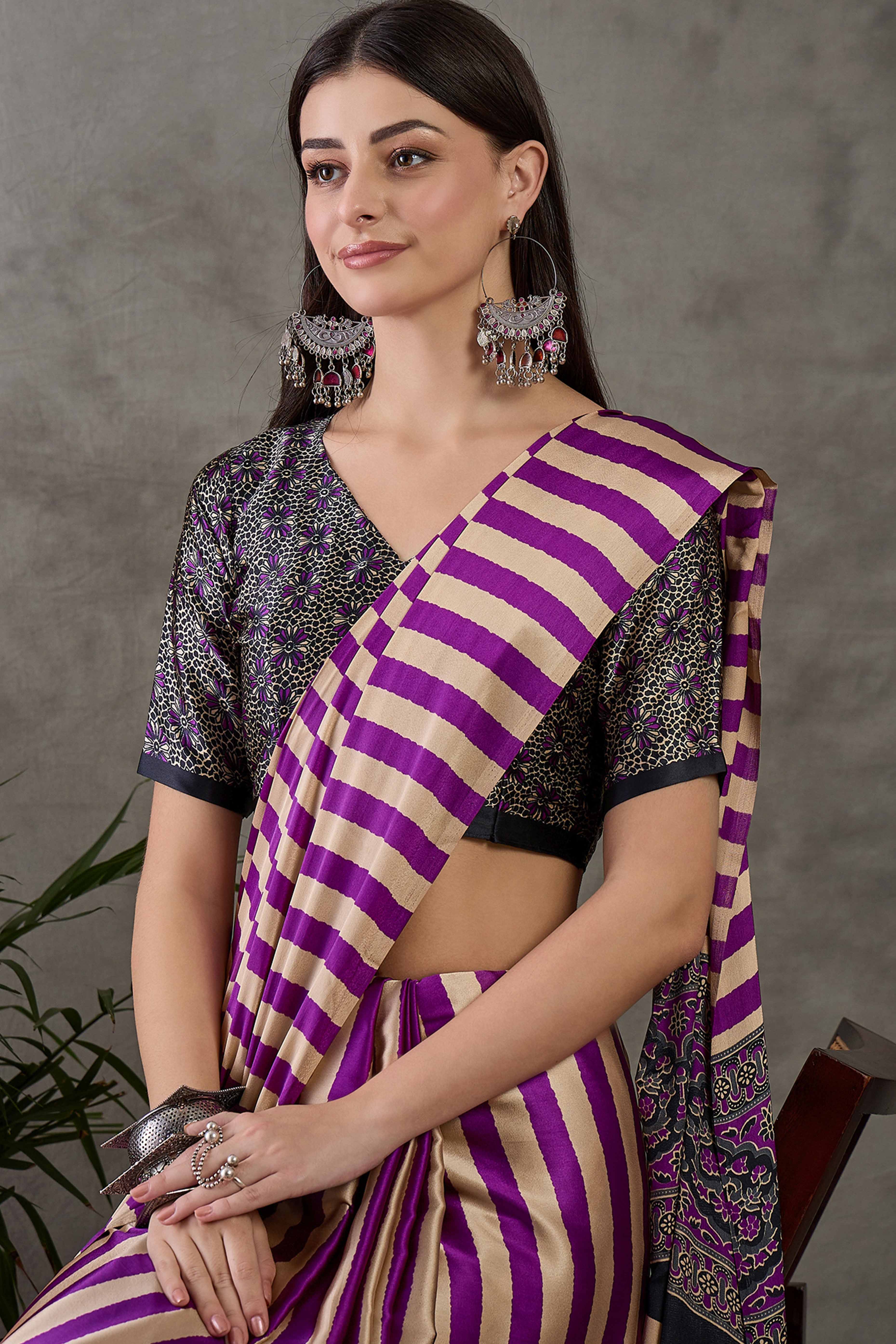 Purple Modal Satin Saree with Subtle Stripe Design and Ajrakh Print on Pallu