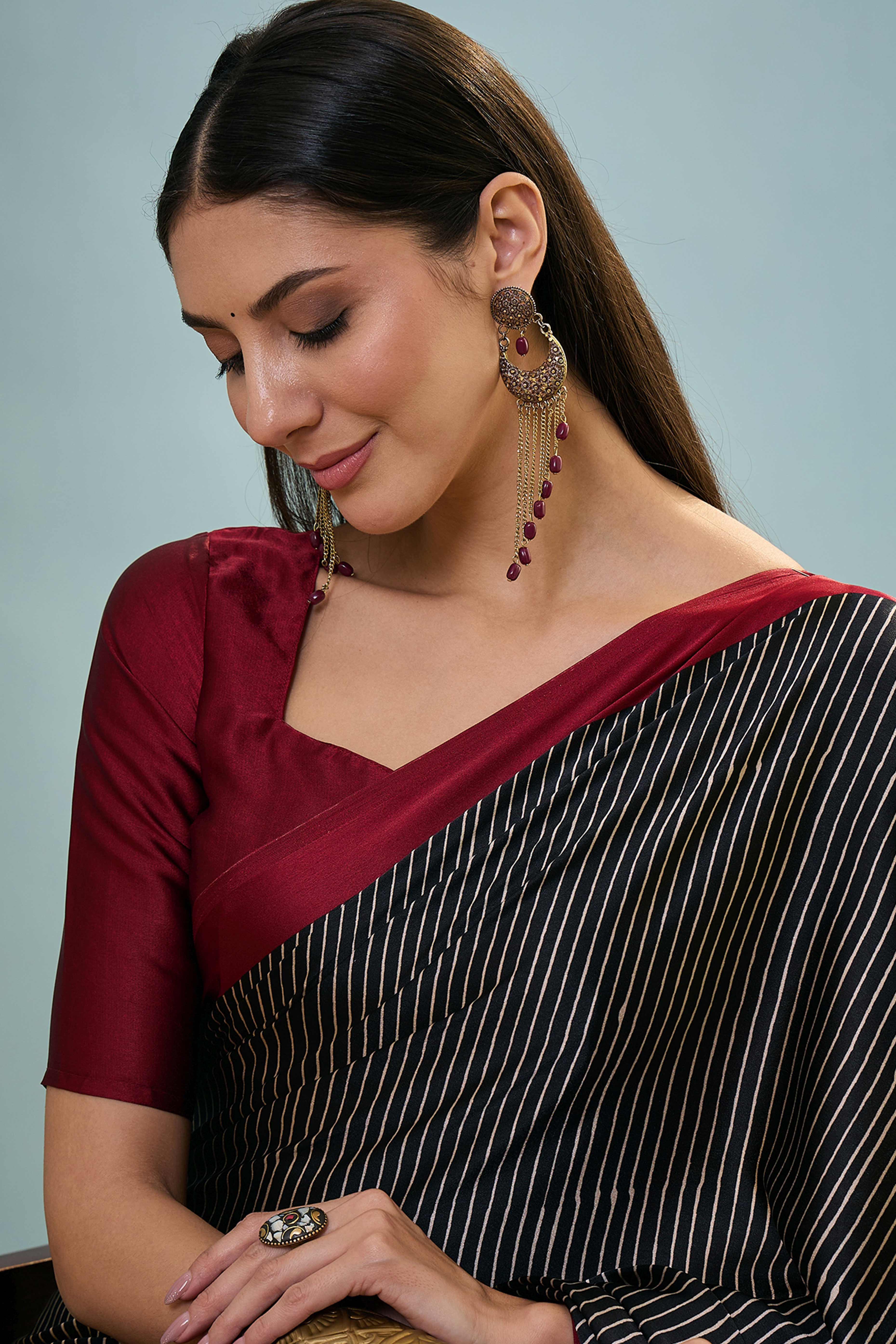 Black Ajrakh Print Satin Saree With Traditional Charm