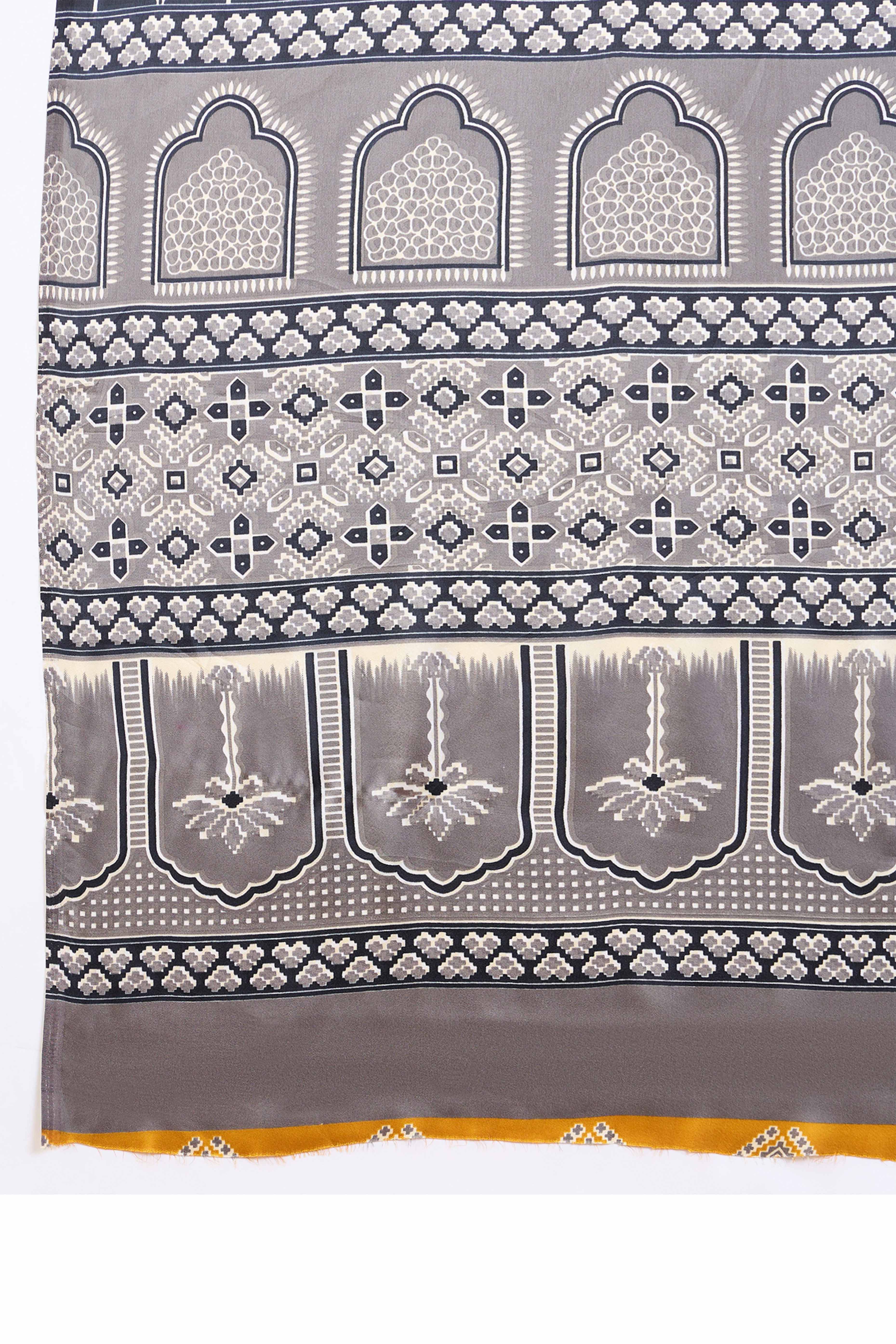 Mustard Polka Dot Modal Satin Saree with Traditional Ajrakh Detailing on Pallu