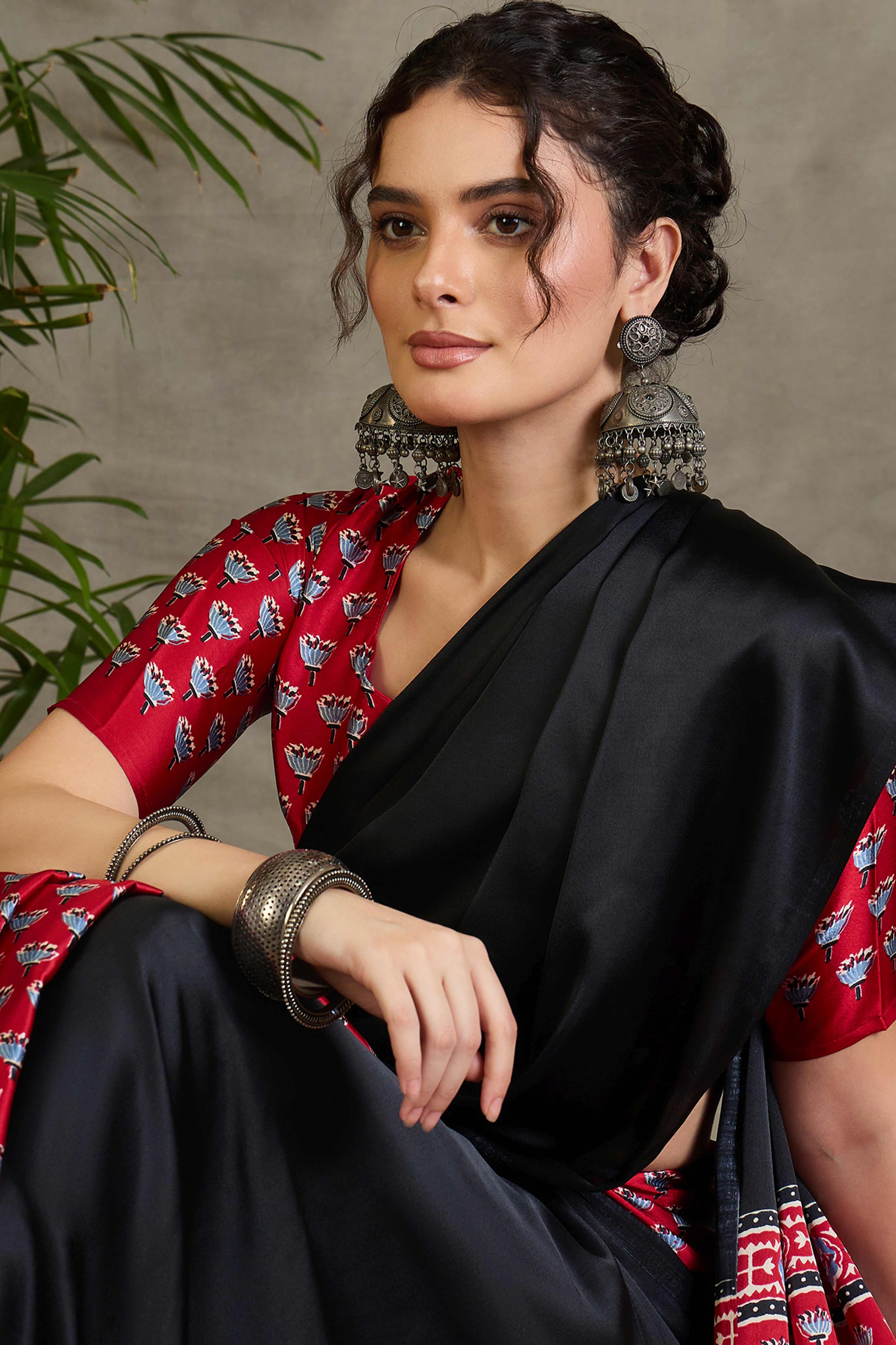 Red Solid Modal Satin Saree Highlighted with Classic Ajrakh Pallu Design
