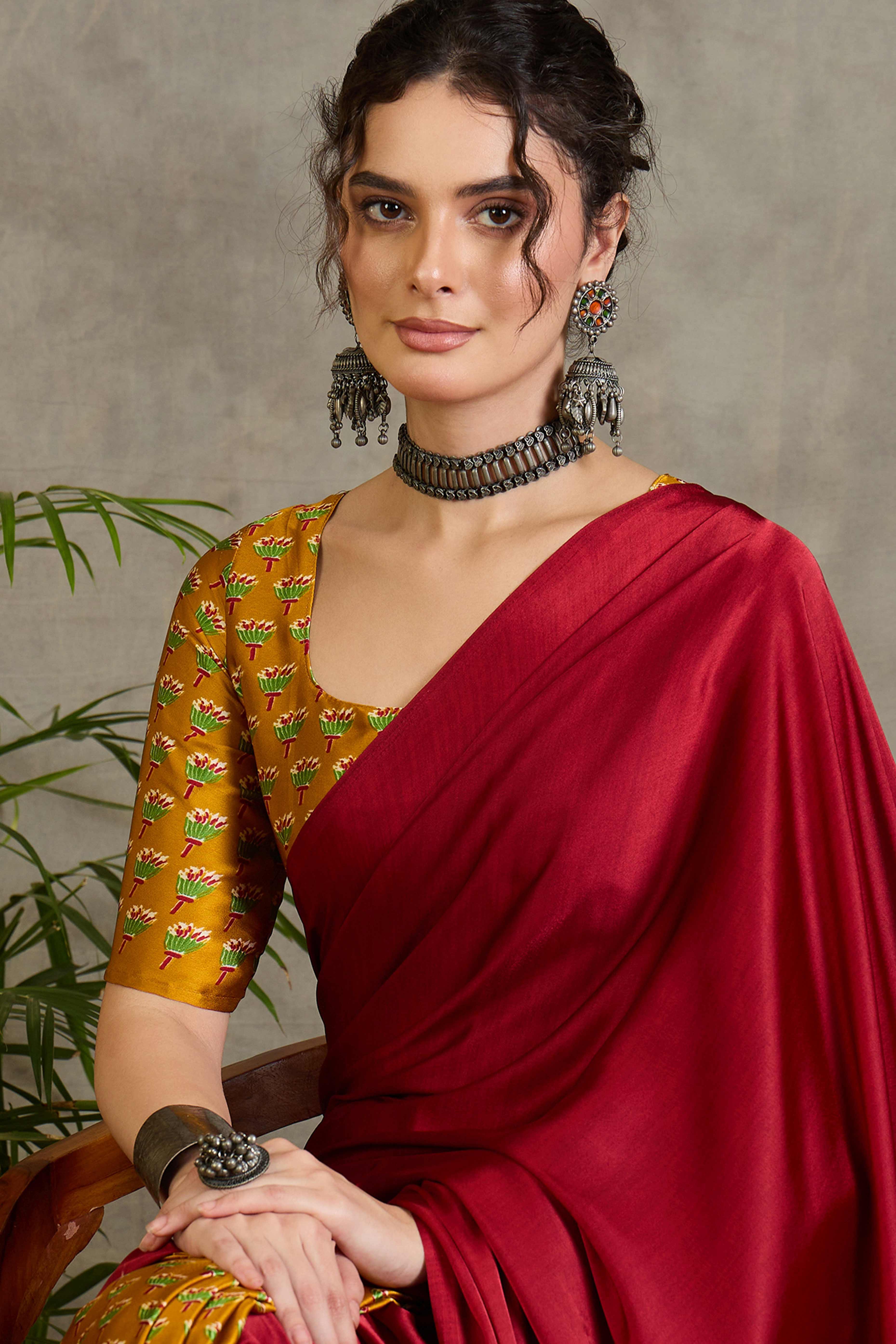 Yellow Solid Modal Satin Saree Highlighted with Classic Ajrakh Pallu Design