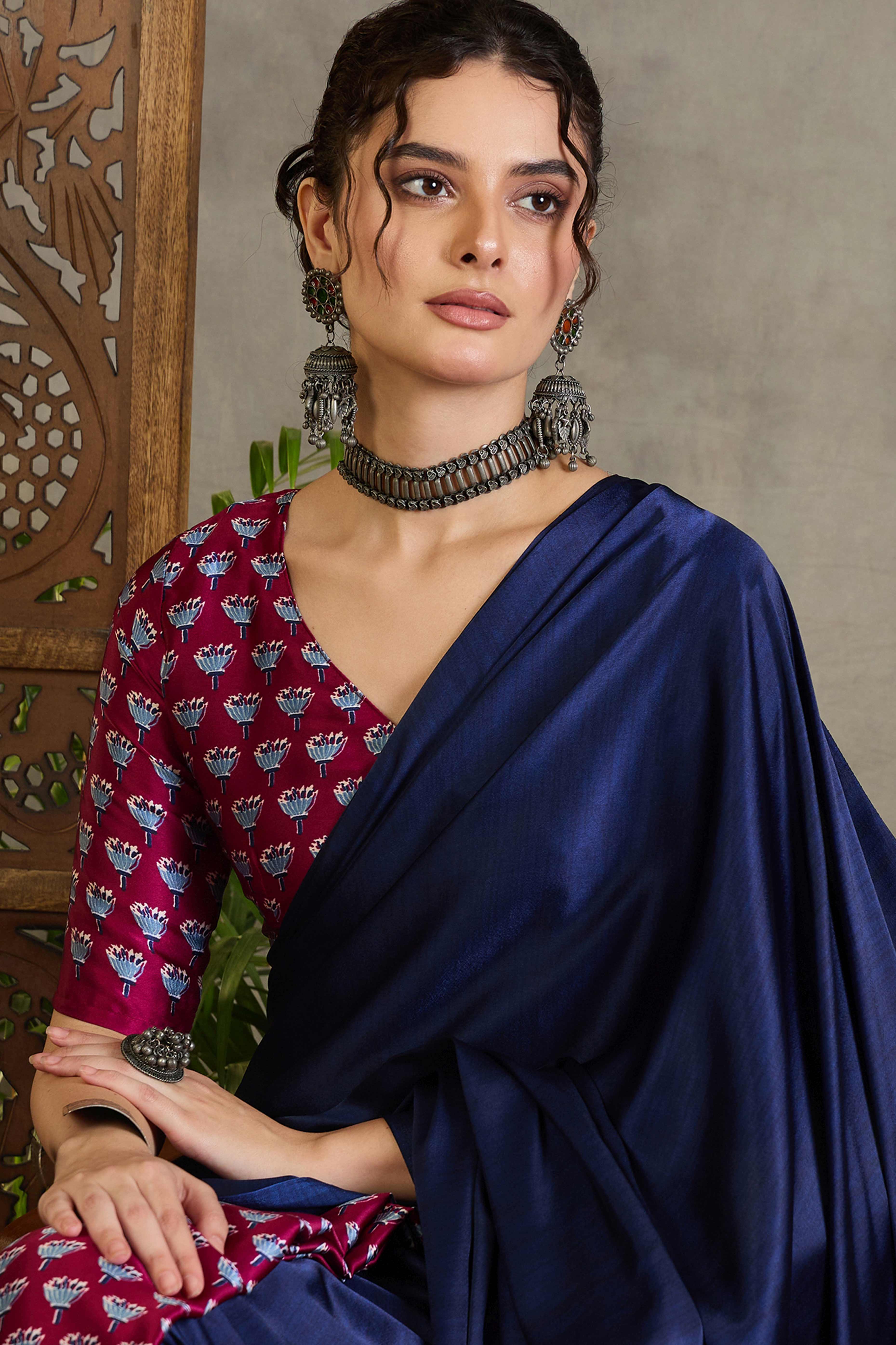 Wine Solid Modal Satin Saree Highlighted with Classic Ajrakh Pallu Design