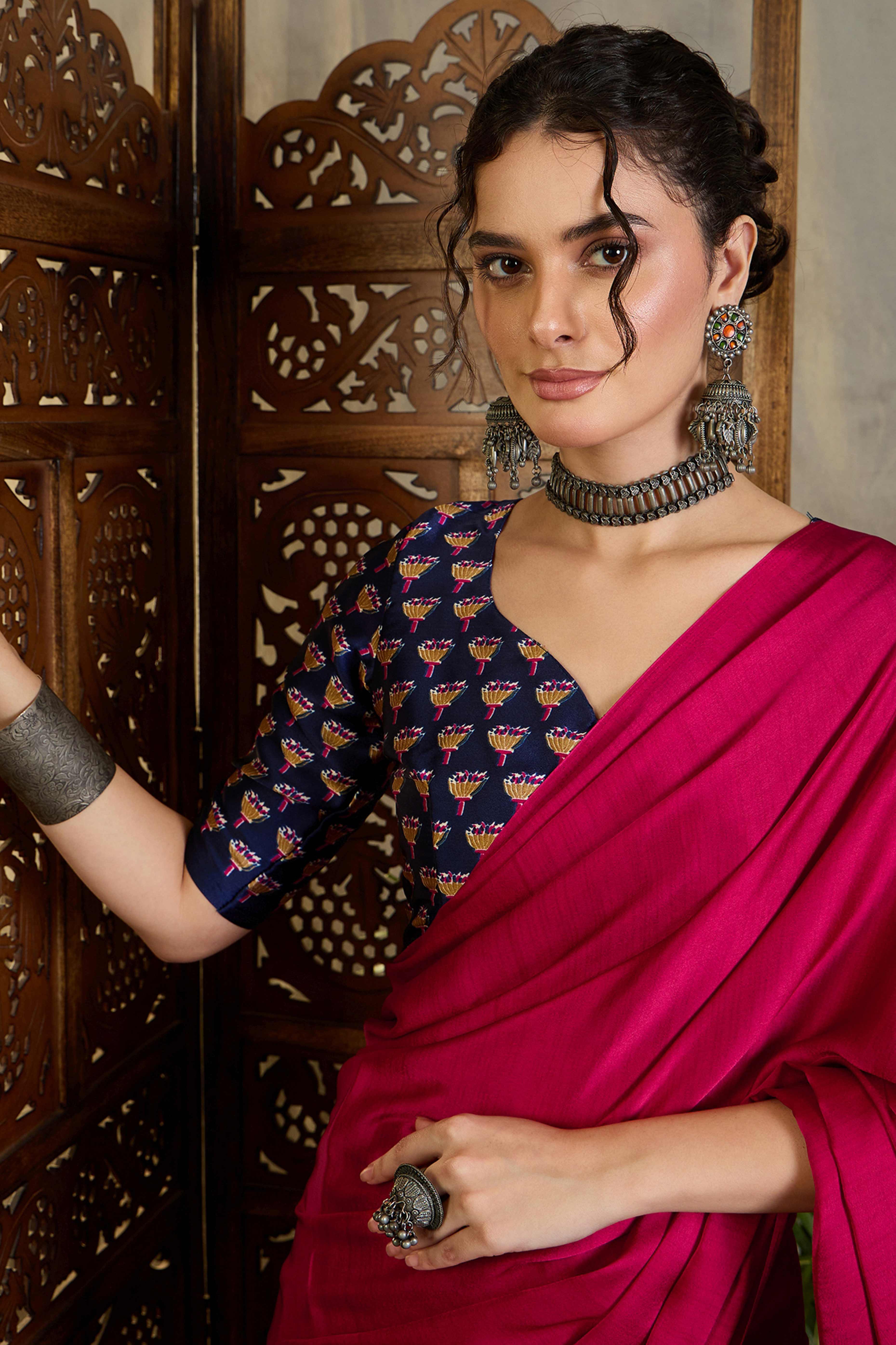 Blue Solid Modal Satin Saree Highlighted with Classic Ajrakh Pallu Design