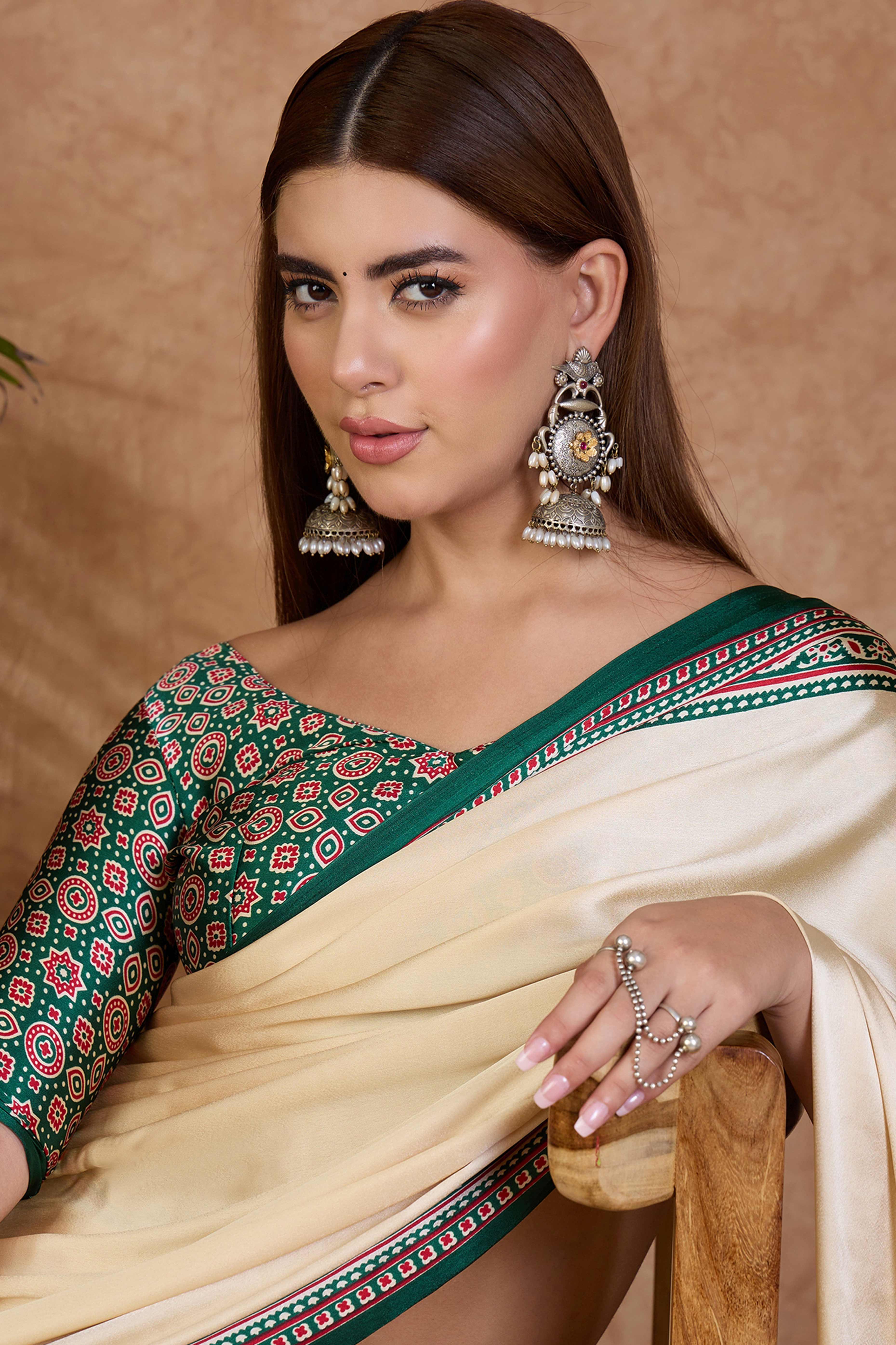 Cream & Green Modal Satin Saree Featuring a Solid Base and Artisanal Ajrakh Pallu