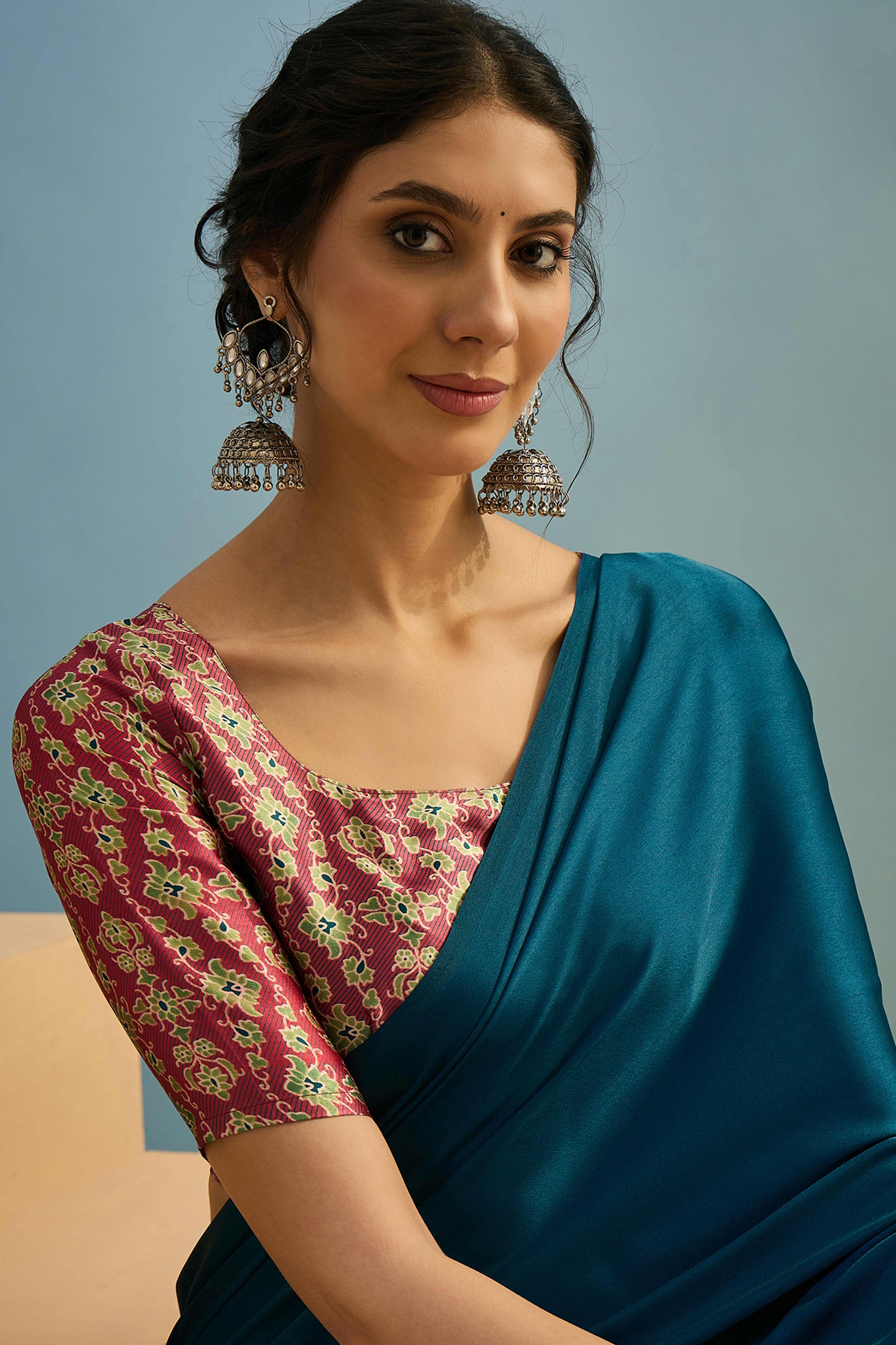 Blue Solid Modal Satin Saree Highlighted With Classic Ajrakh Pallu Design