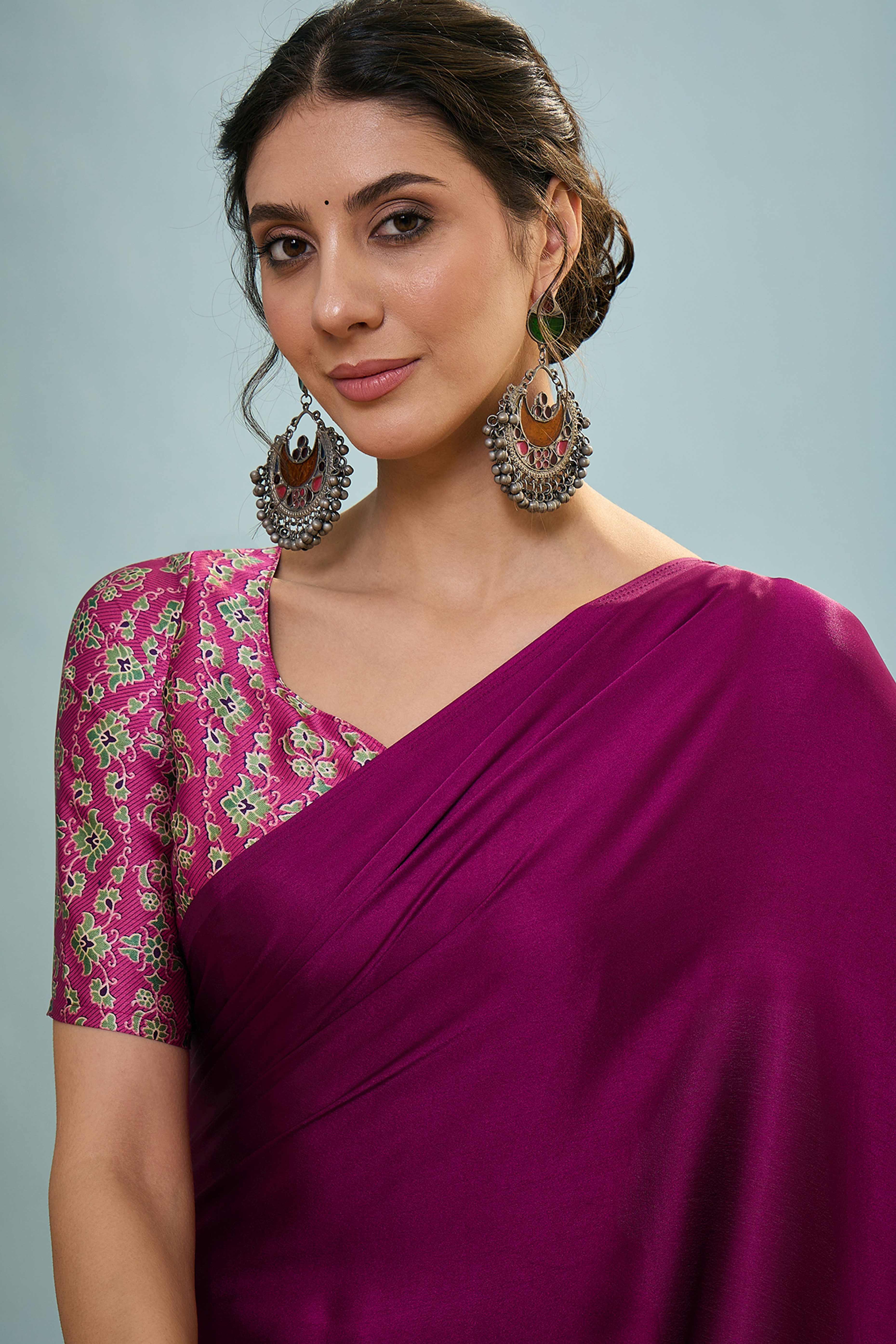 Magenta Solid Modal Satin Saree Highlighted With Classic Ajrakh Pallu Design