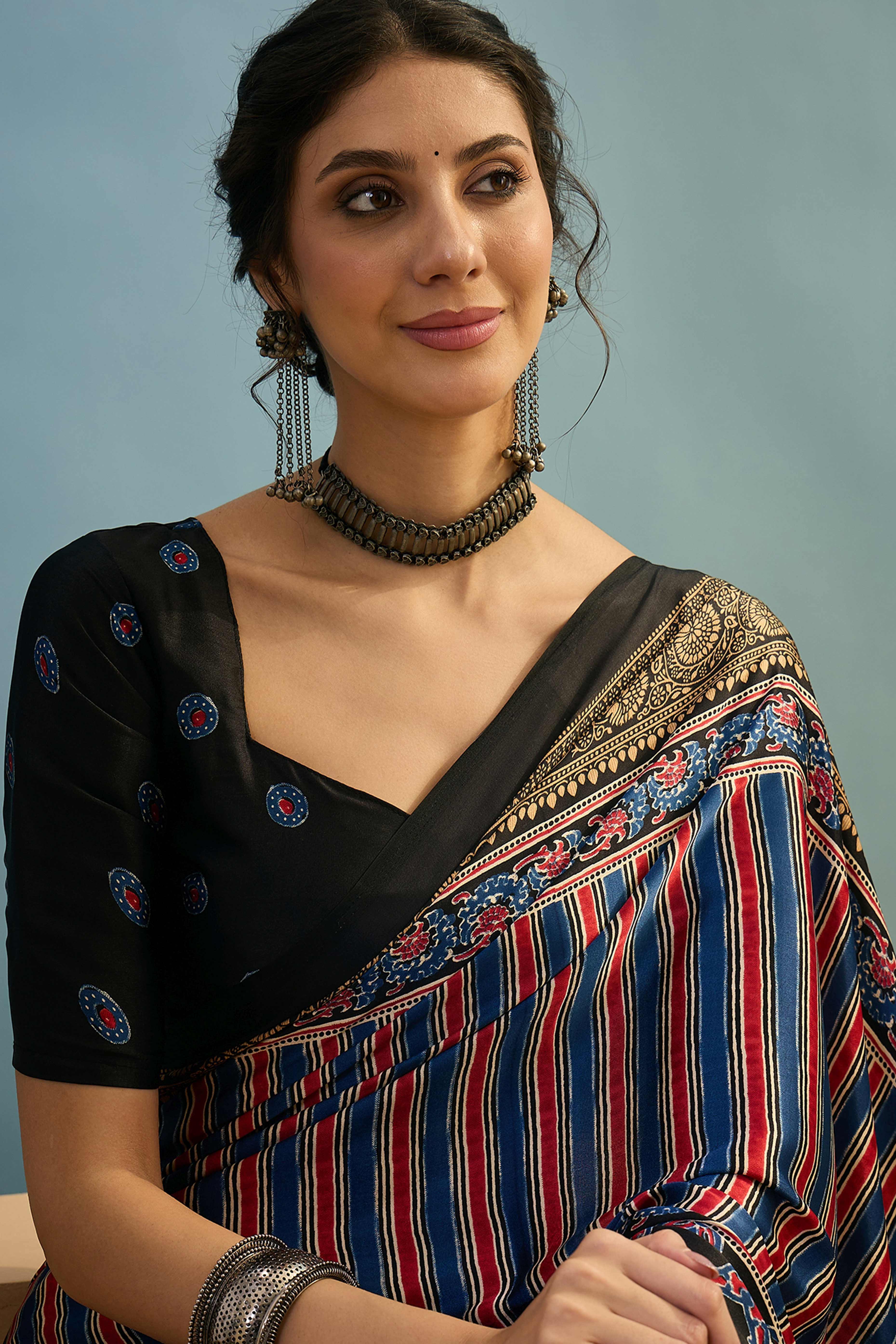 Modern Black Striped Printed Modal Satin Saree with Luxurious Flow and Shine