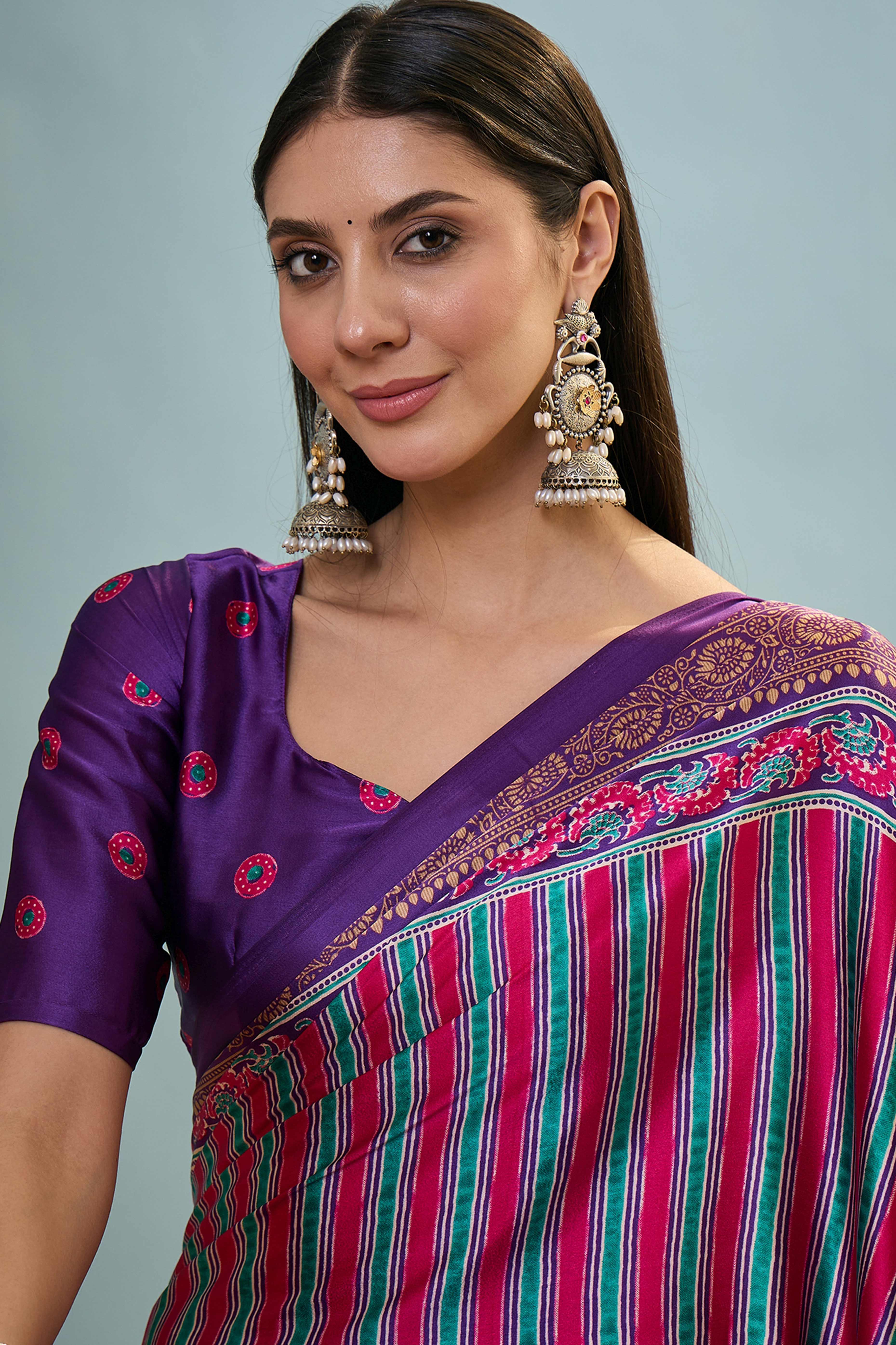 Modern Purple Striped Printed Modal Satin Saree with Luxurious Flow and Shine