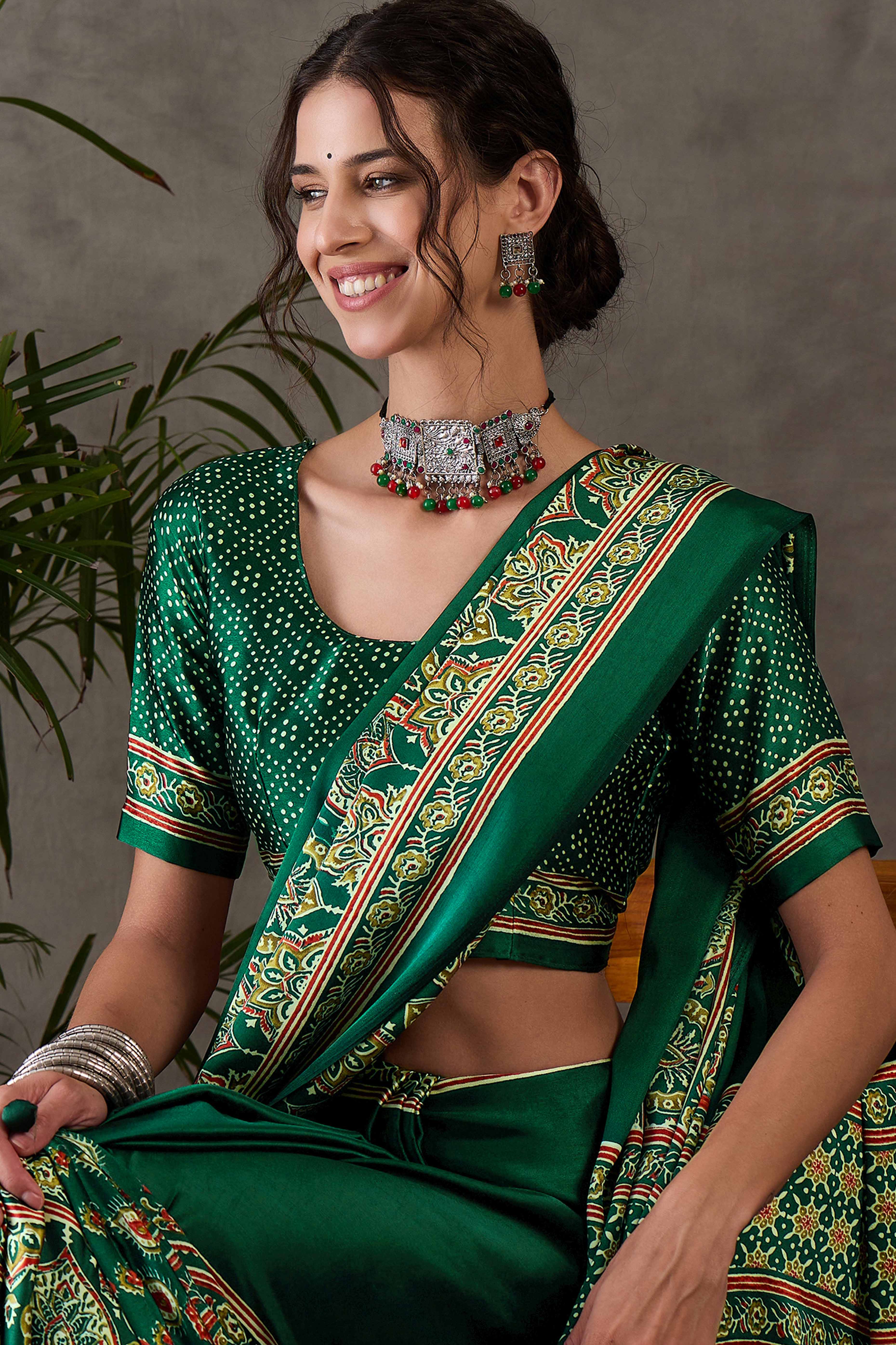 Green Ajrakh Printed Modal Satin Saree with Rich Party Wear Look