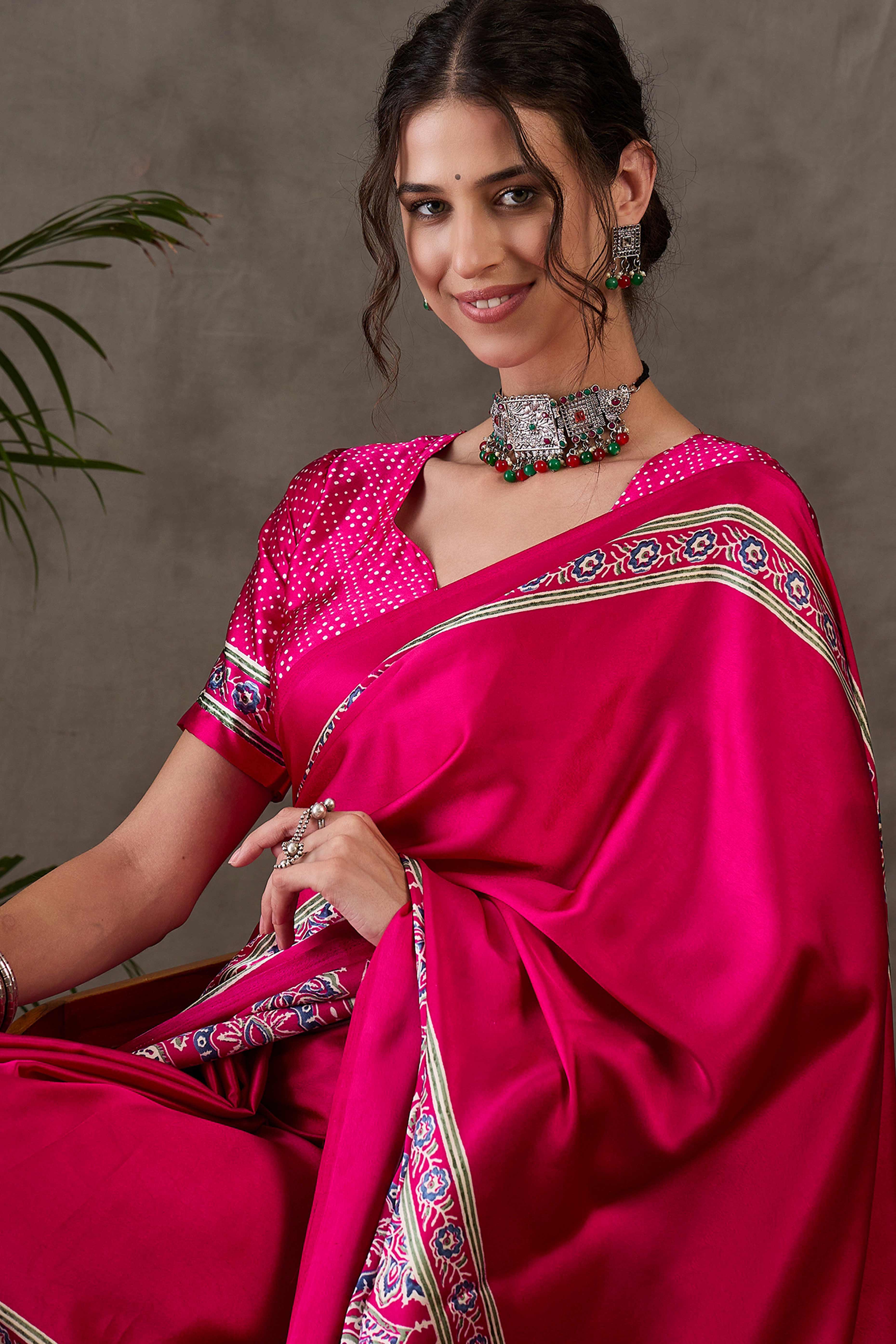 Pink Ajrakh Printed Modal Satin Saree with Rich Party Wear Look