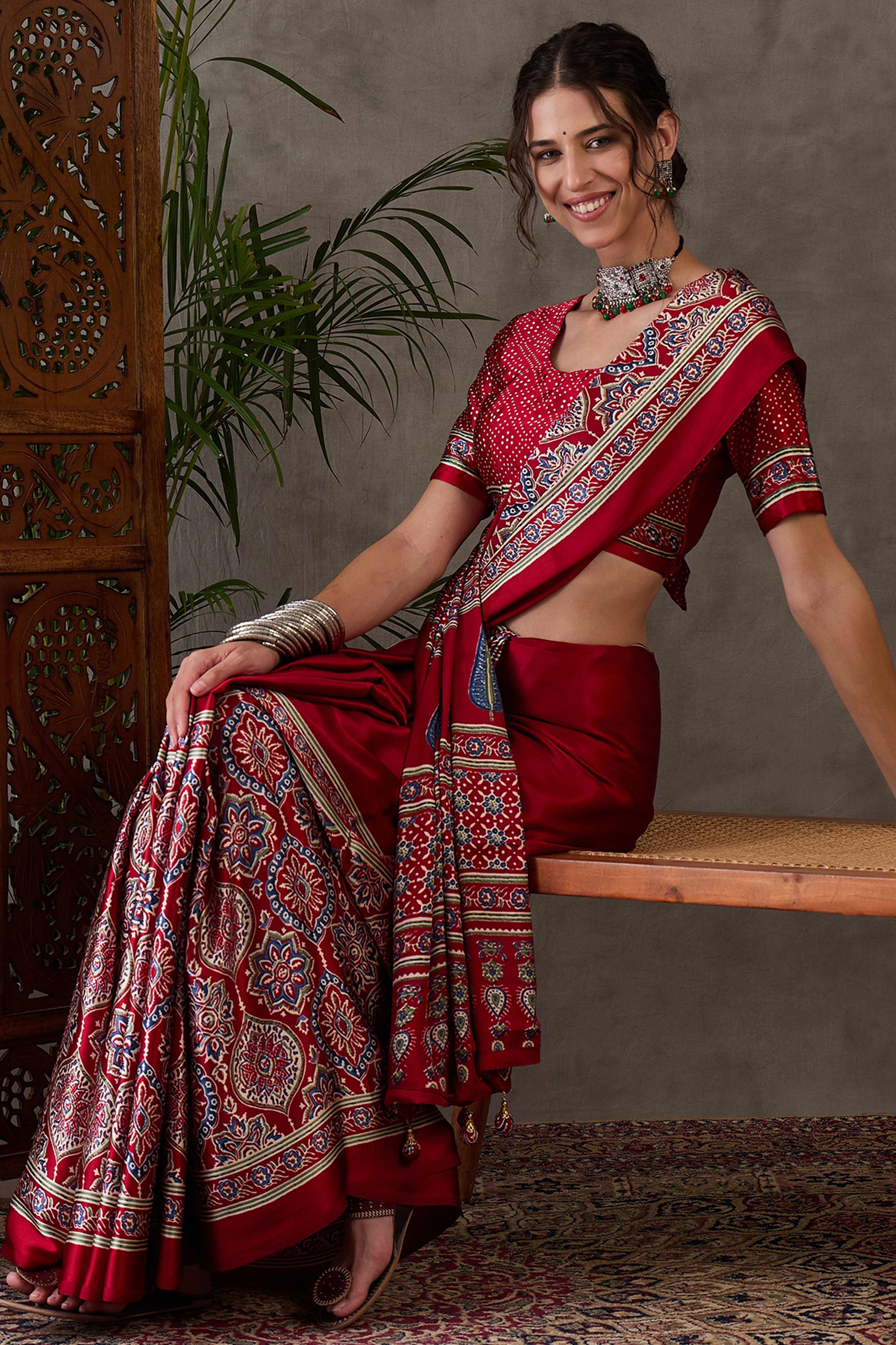 Red Ajrakh Printed Modal Satin Saree with Rich Party Wear Look