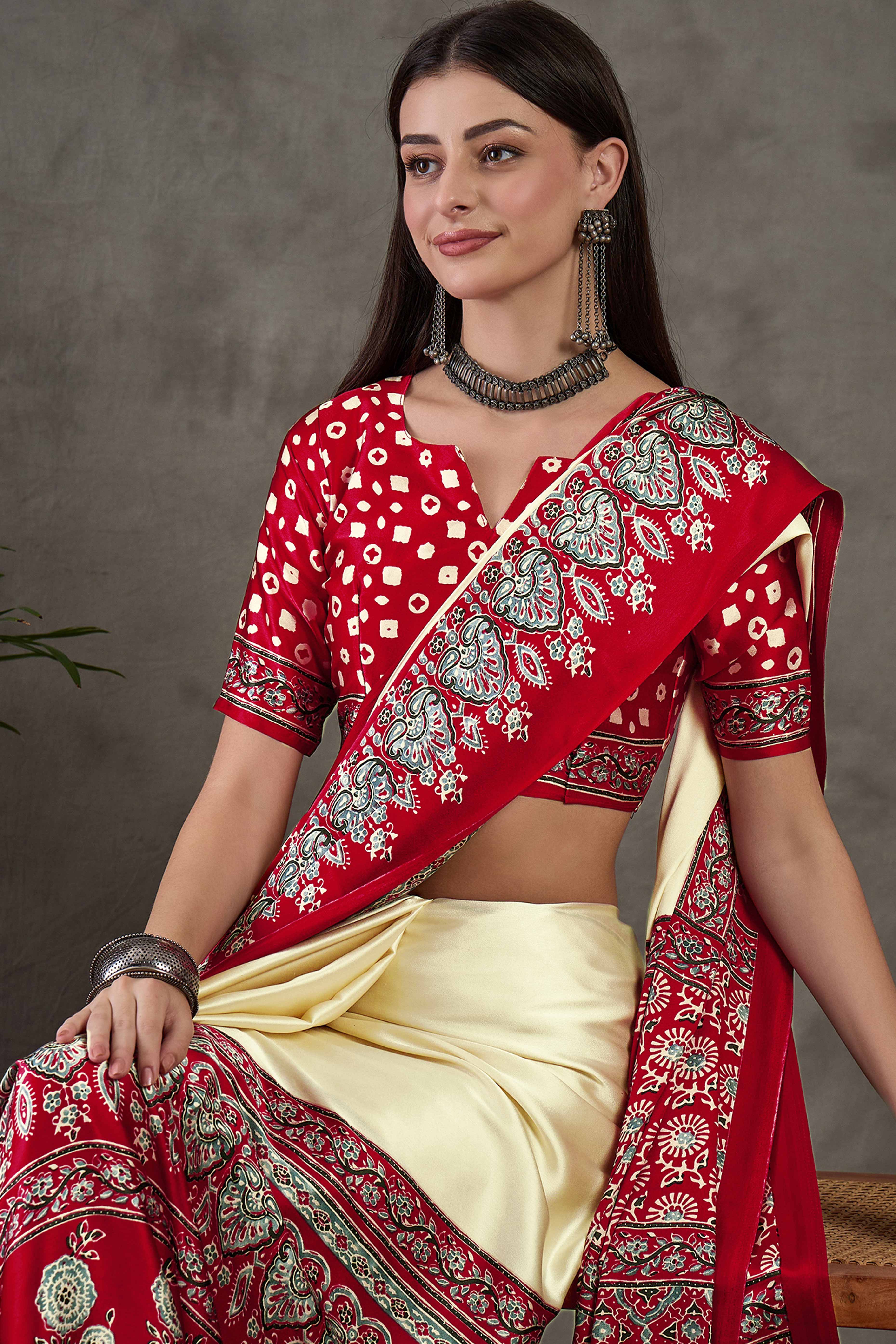 Cream & Red Ajrakh Printed Modal Satin Saree with Elegant Party Wear Appeal