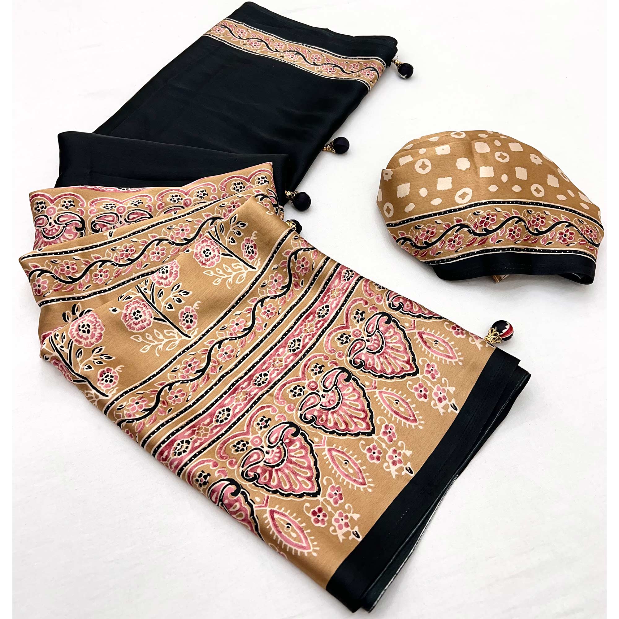 Black & Chikoo Ajrakh Printed Modal Satin Saree with Elegant Party Wear Appeal