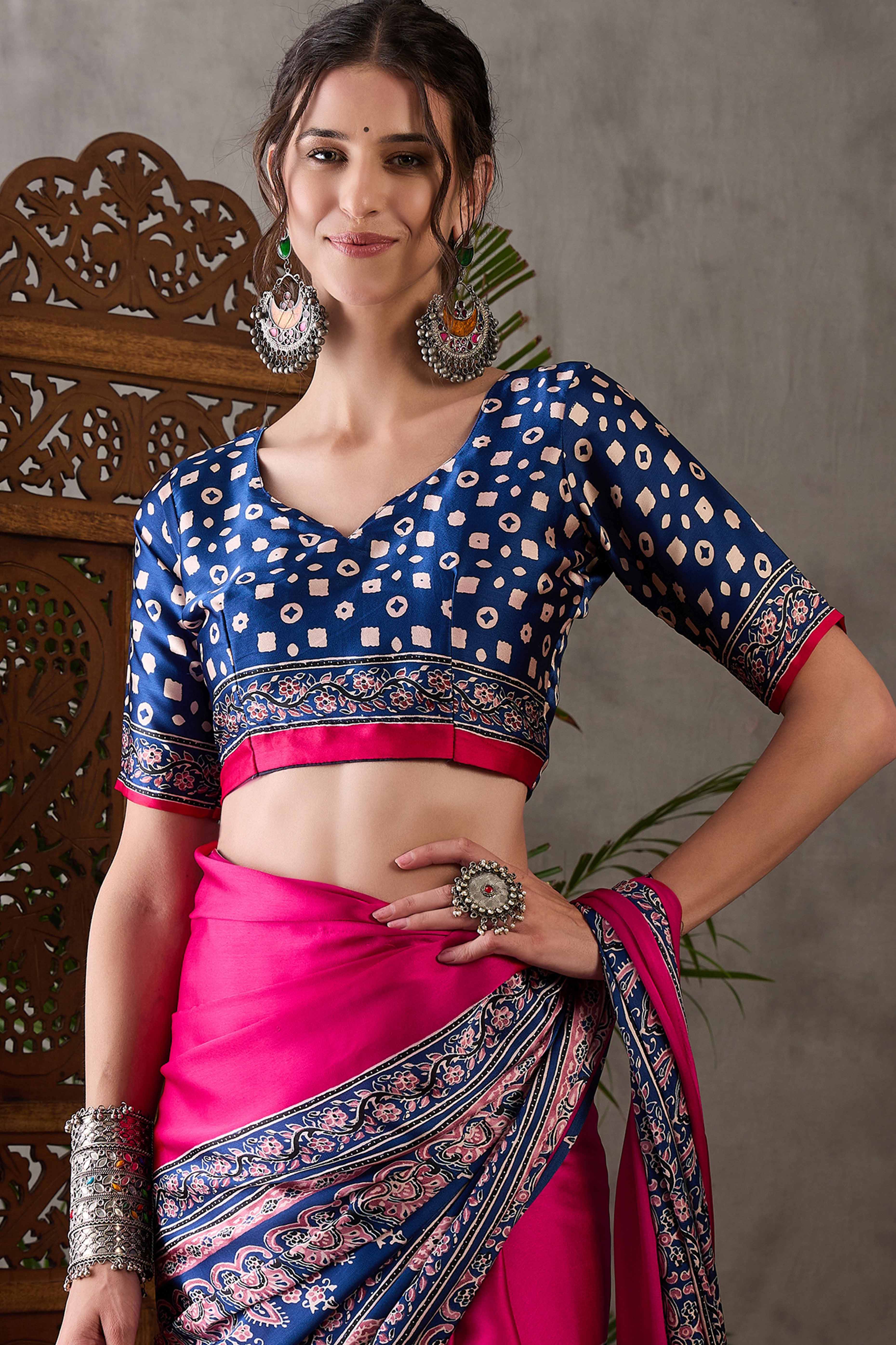 Pink & Blue Ajrakh Printed Modal Satin Saree with Elegant Party Wear Appeal