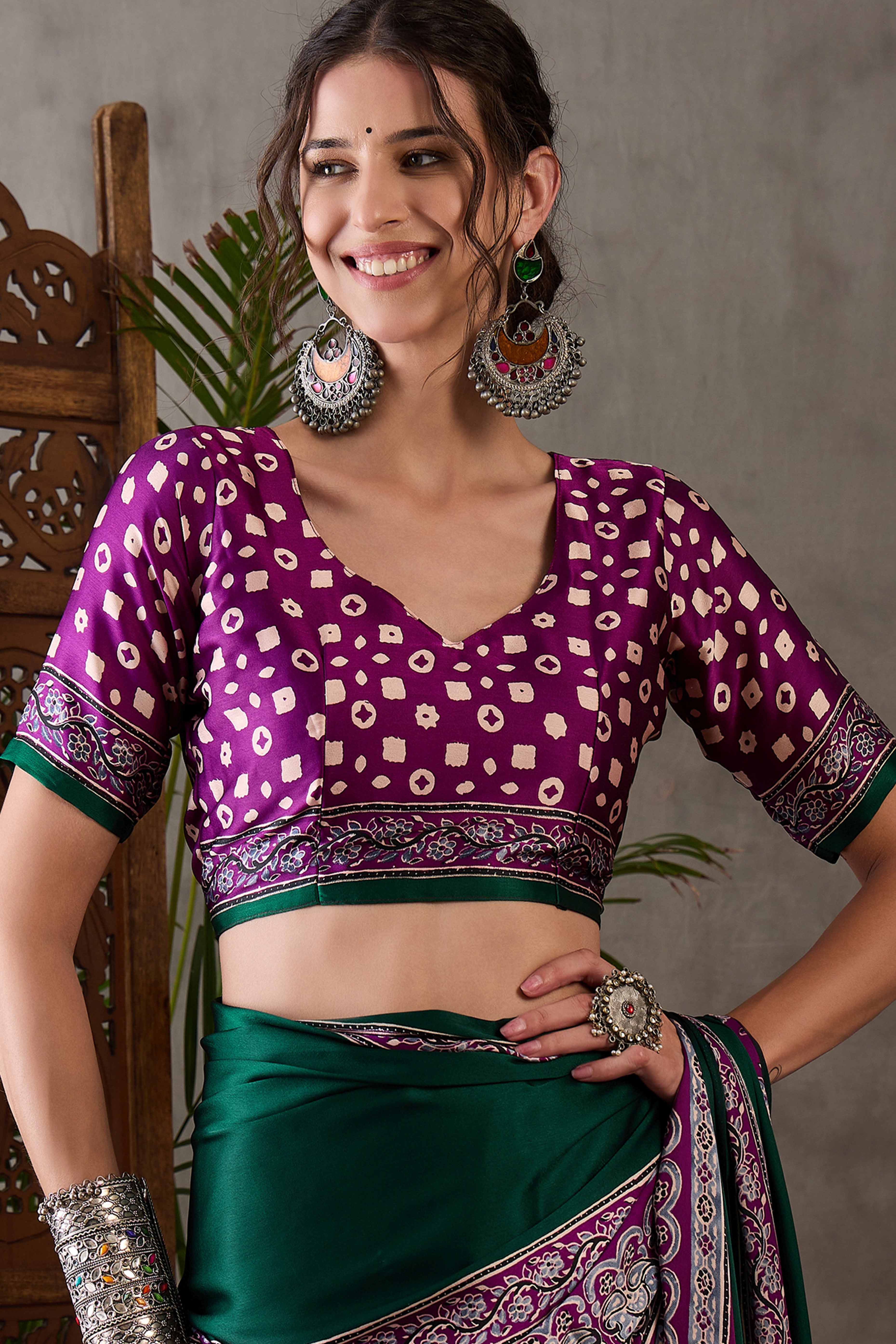 Green & Purple Ajrakh Printed Modal Satin Saree with Elegant Party Wear Appeal