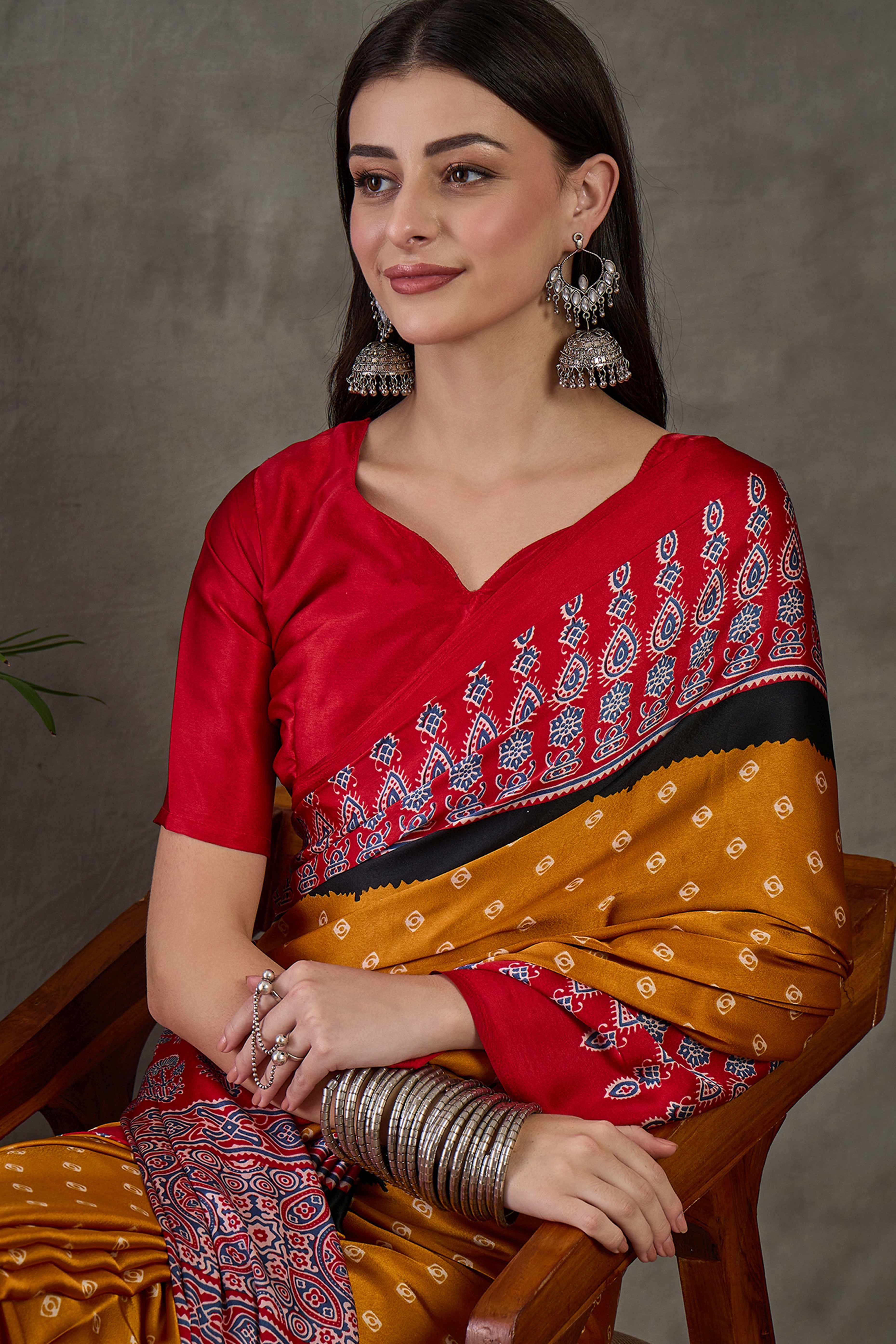 Mustard Ajrakh Printed Modal Satin Saree with Traditional Ajrakh Charm