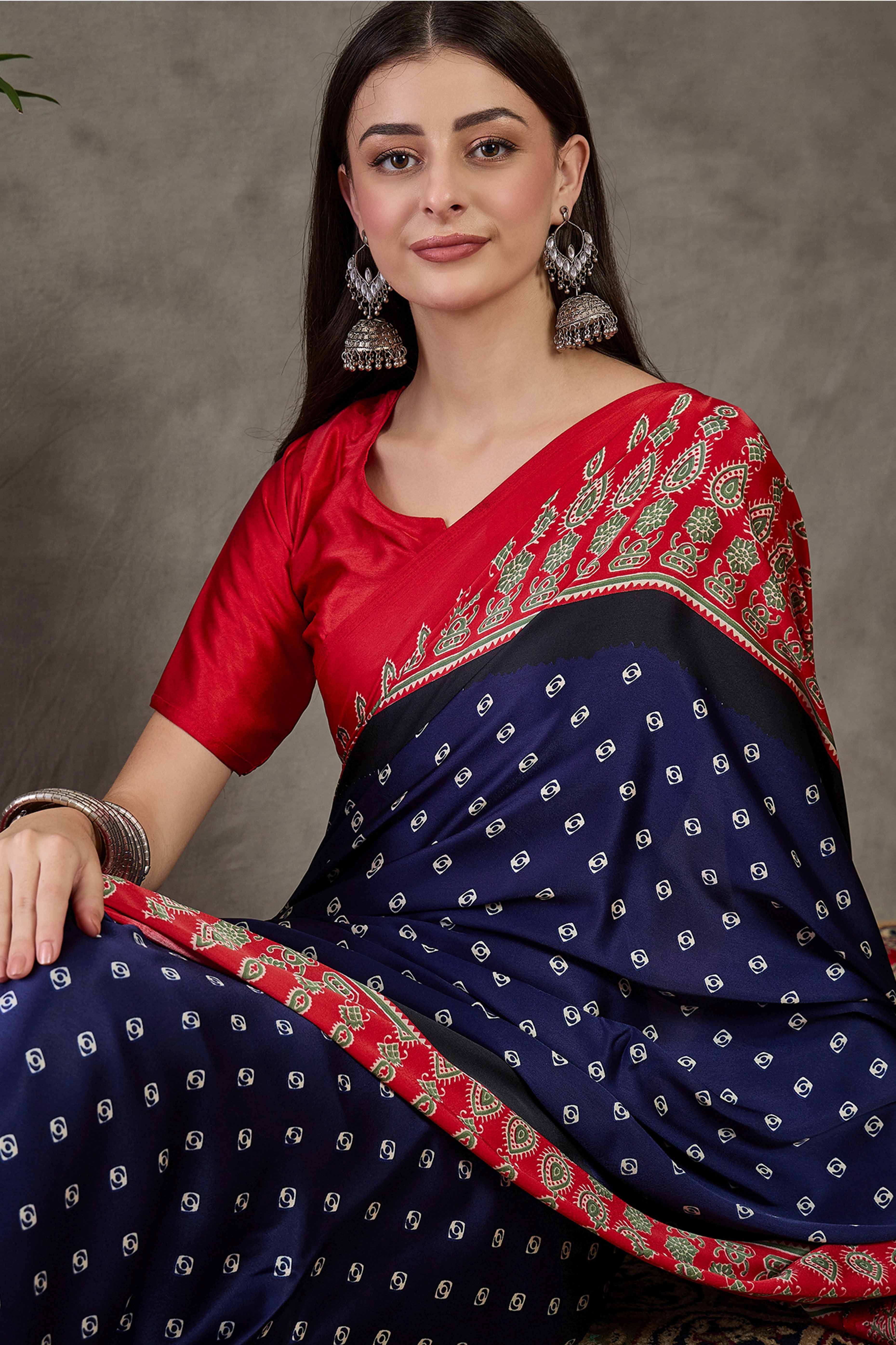 Blue Ajrakh Printed Modal Satin Saree with Traditional Ajrakh Charm