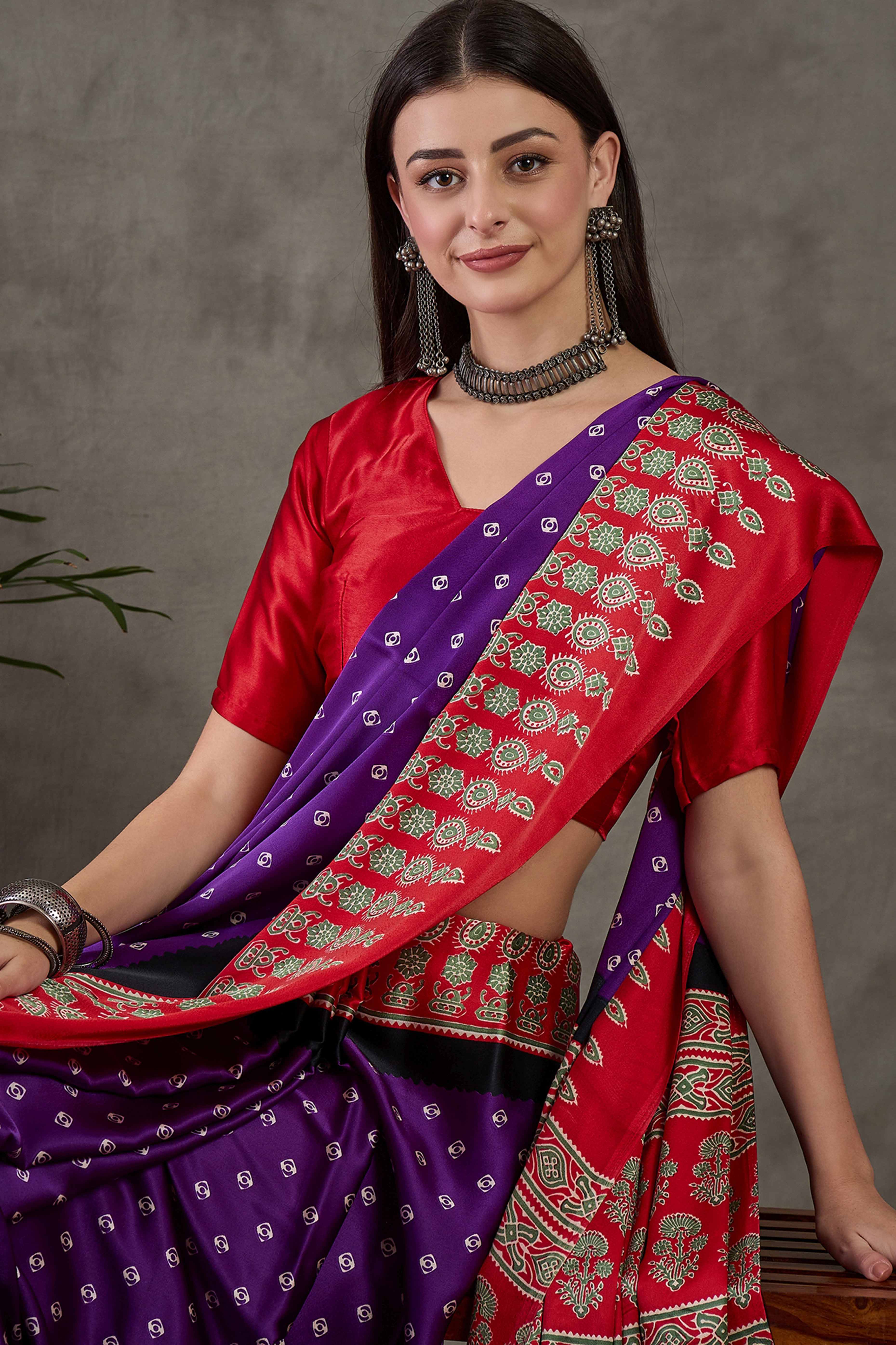 Purple Ajrakh Printed Modal Satin Saree with Traditional Ajrakh Charm